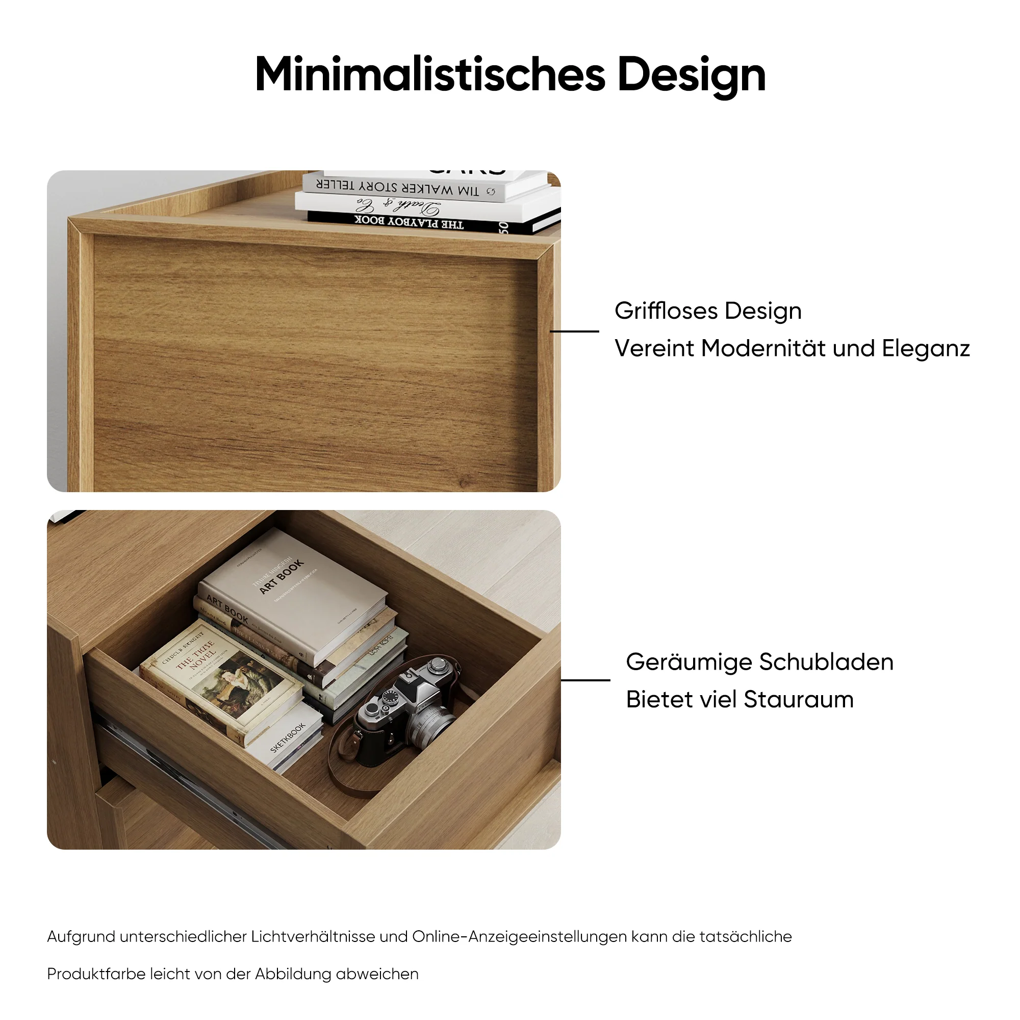 Modern Oak Bedside Table, 2 Pieces, 38 x 48 x 50 cm with Handleless Drawers, Oak Wood - Image 7