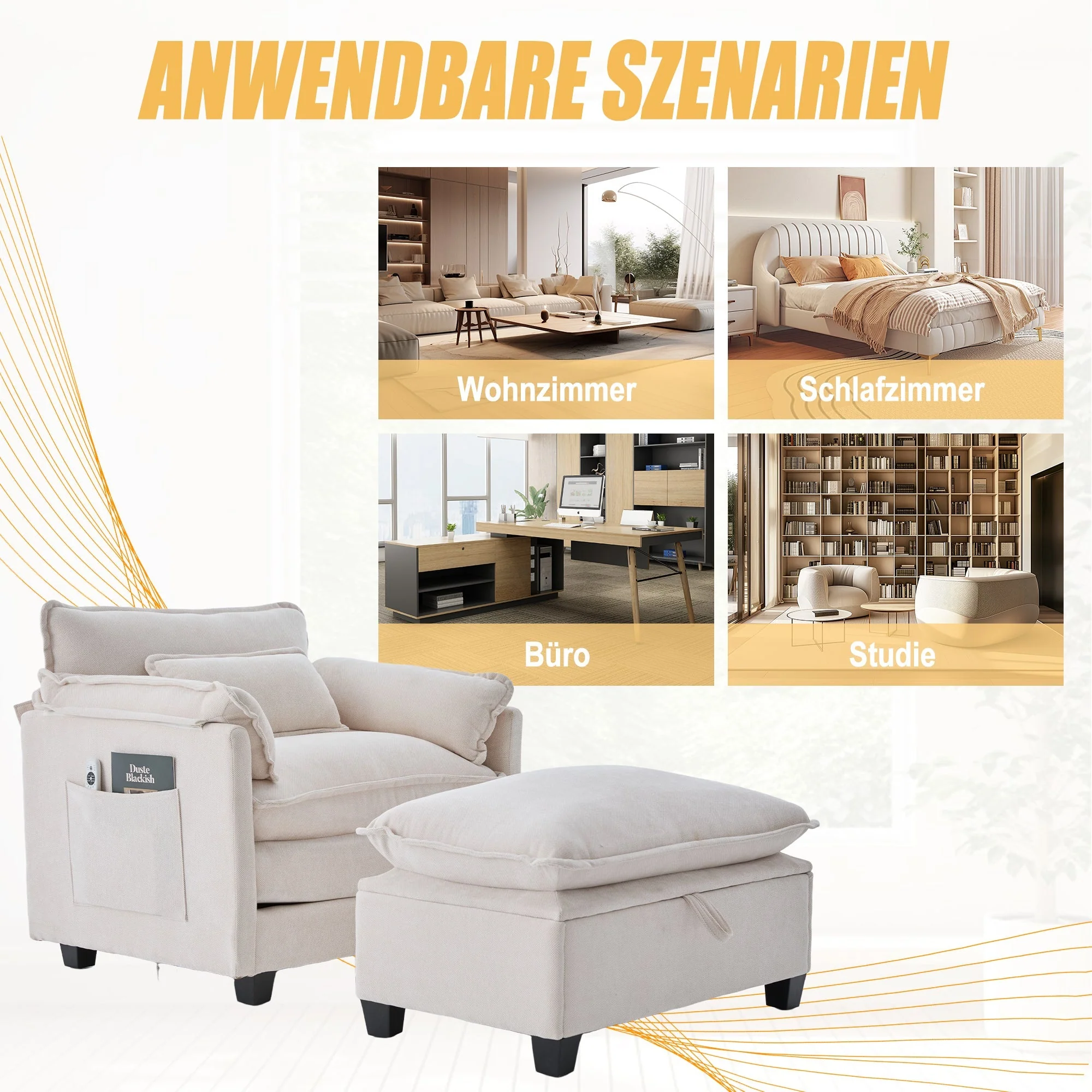 Modern Oversized Armchair with Footrest Stool & Side Pockets, Velvet - Image 7