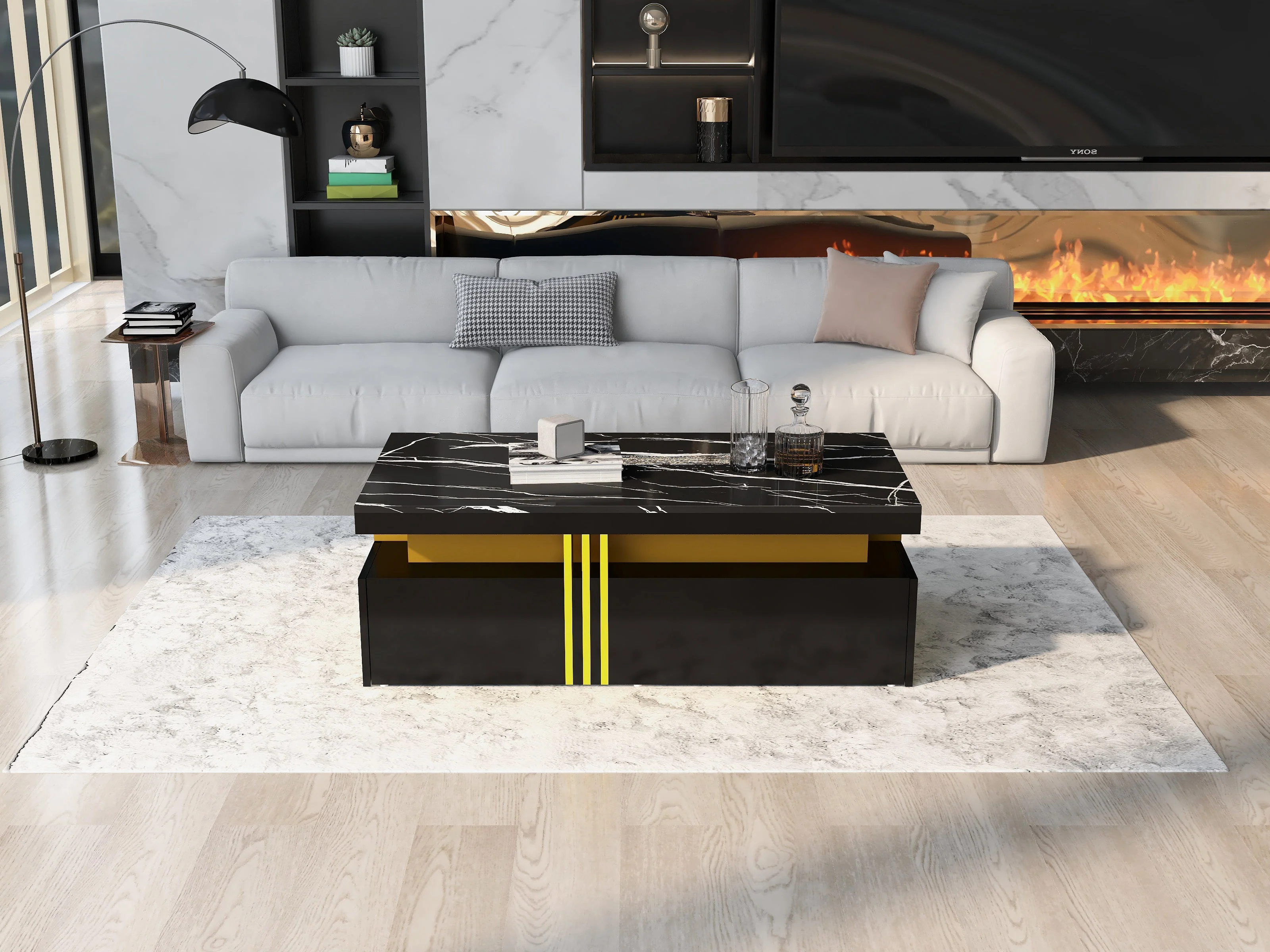 Modern Rectangular Coffee Table with 2 Drawers, High-Gloss and Marble - Image 3