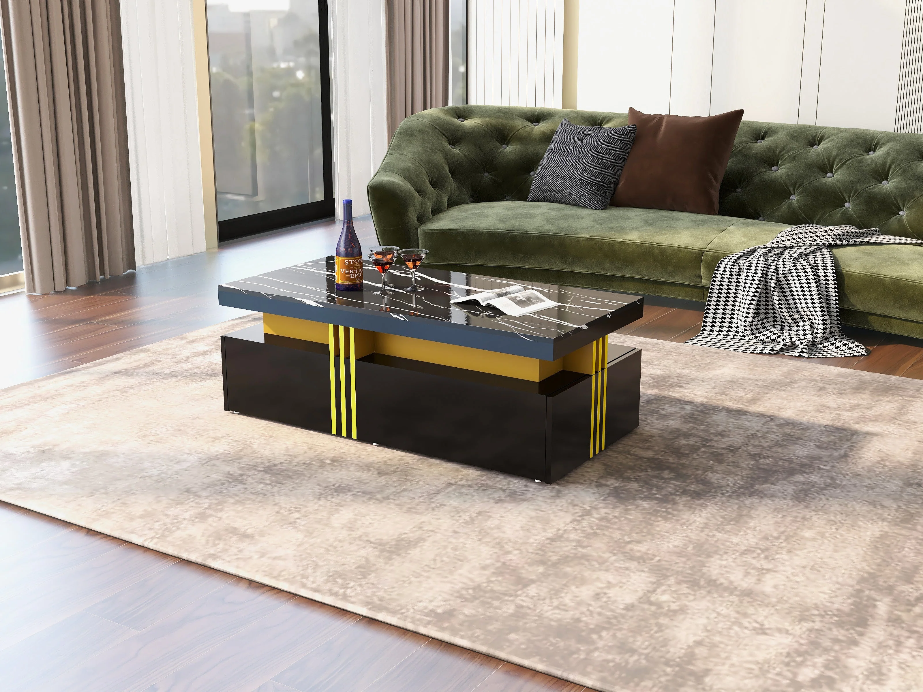 Modern Rectangular Coffee Table with 2 Drawers, High-Gloss and Marble - Image 5