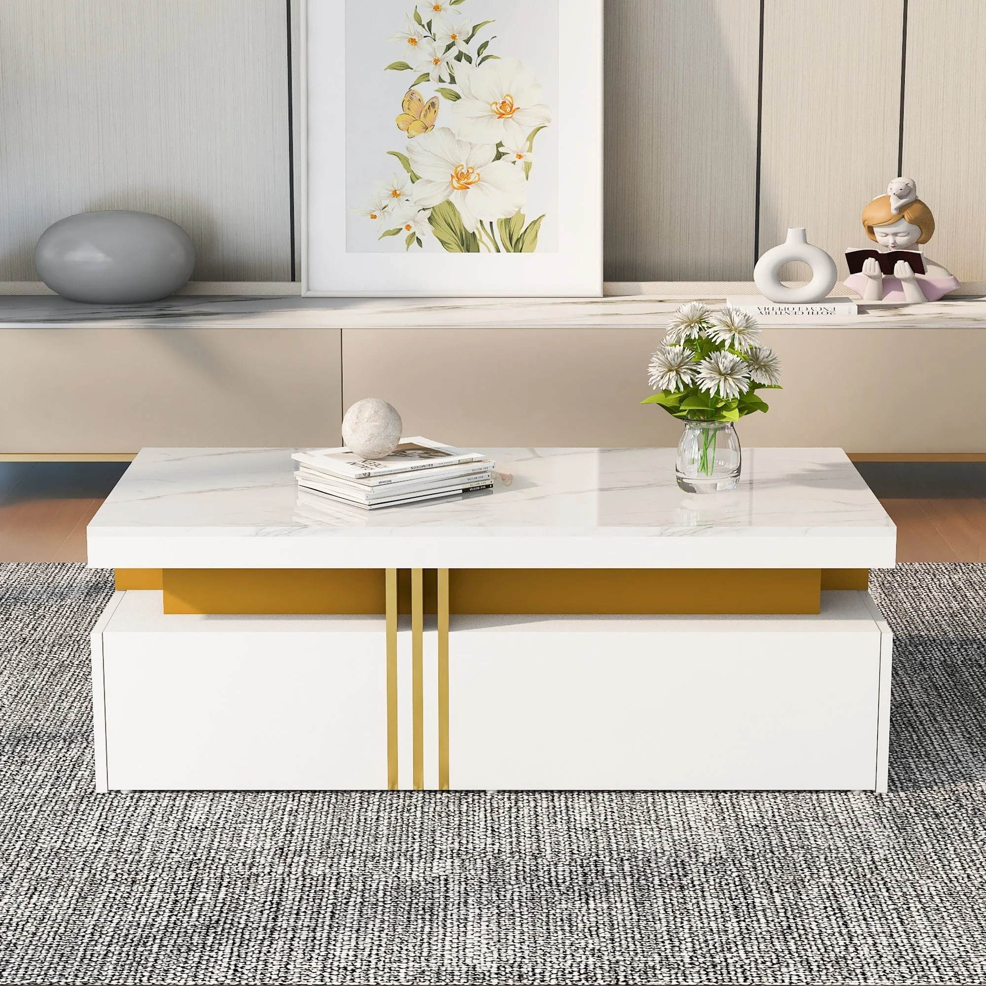 Modern rectangular coffee table with high gloss top and 2 wooden drawers, marble tabletop - Image 3