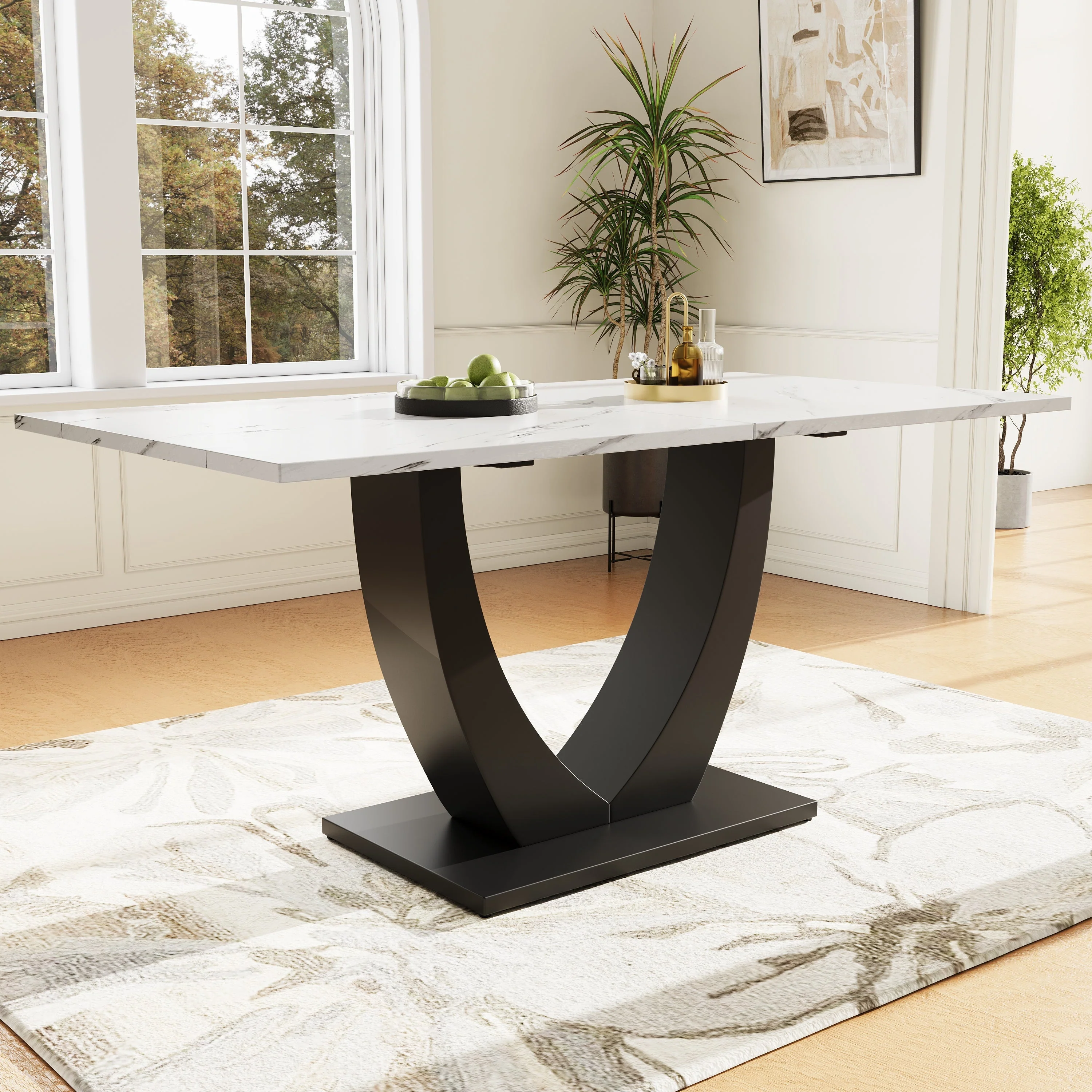 Modern Rectangular Dining Table with Marble Pattern and Adjustable Metal Legs, White/Black