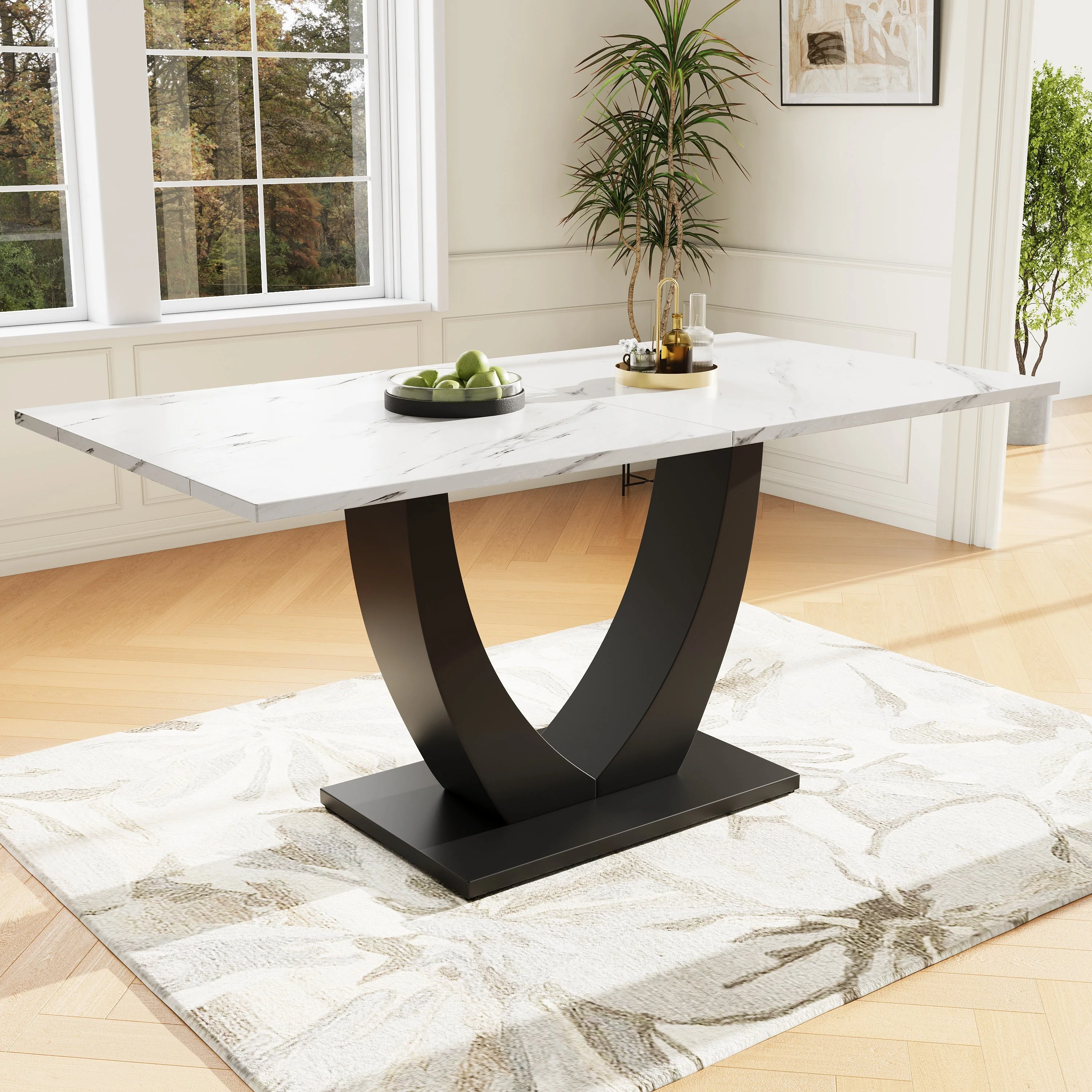 Modern Rectangular Dining Table with Marble Pattern and Adjustable Metal Legs, White/Black - Image 2