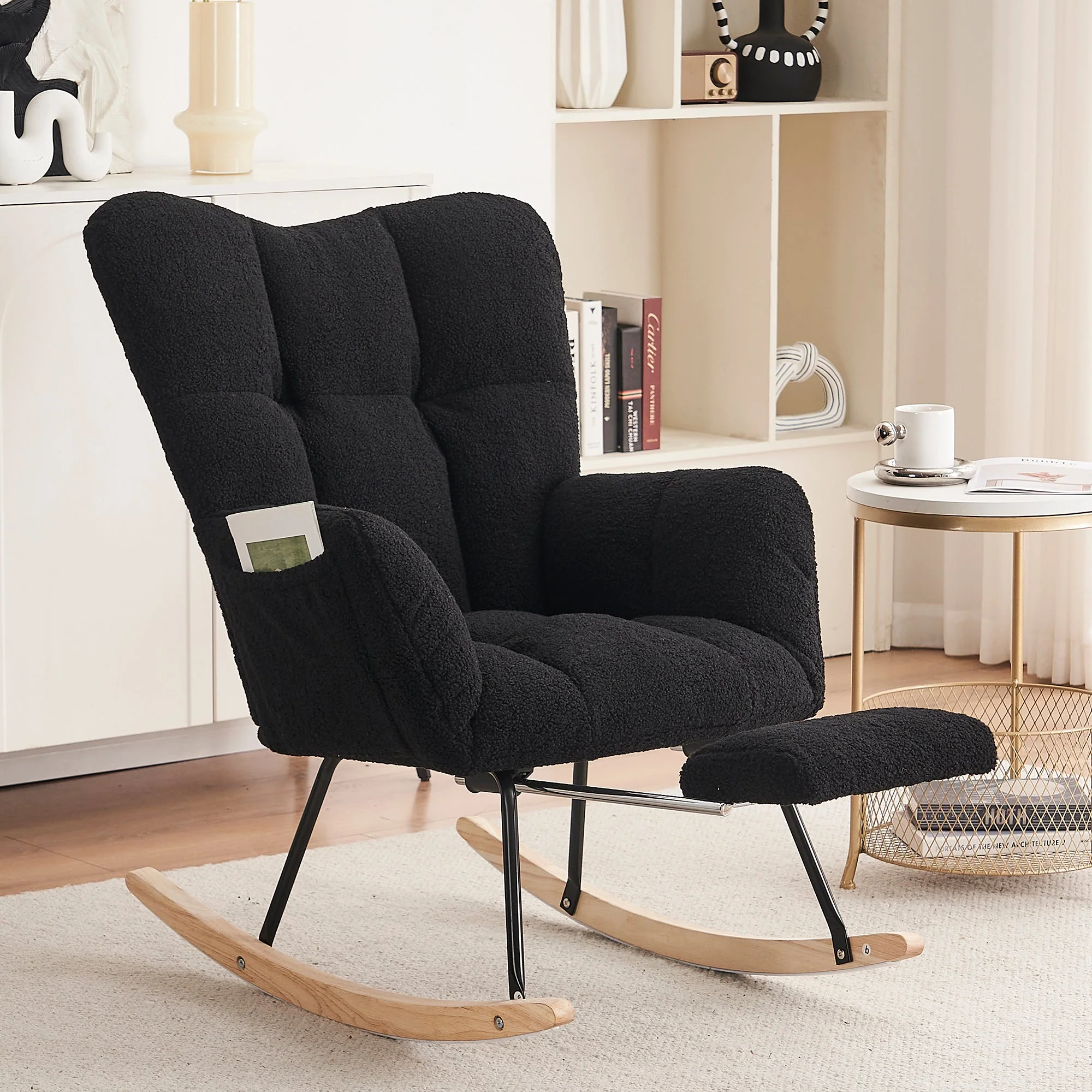 Modern Rocking Chair, Upholstered with Extendable Footrest, Black Teddy Taffeta