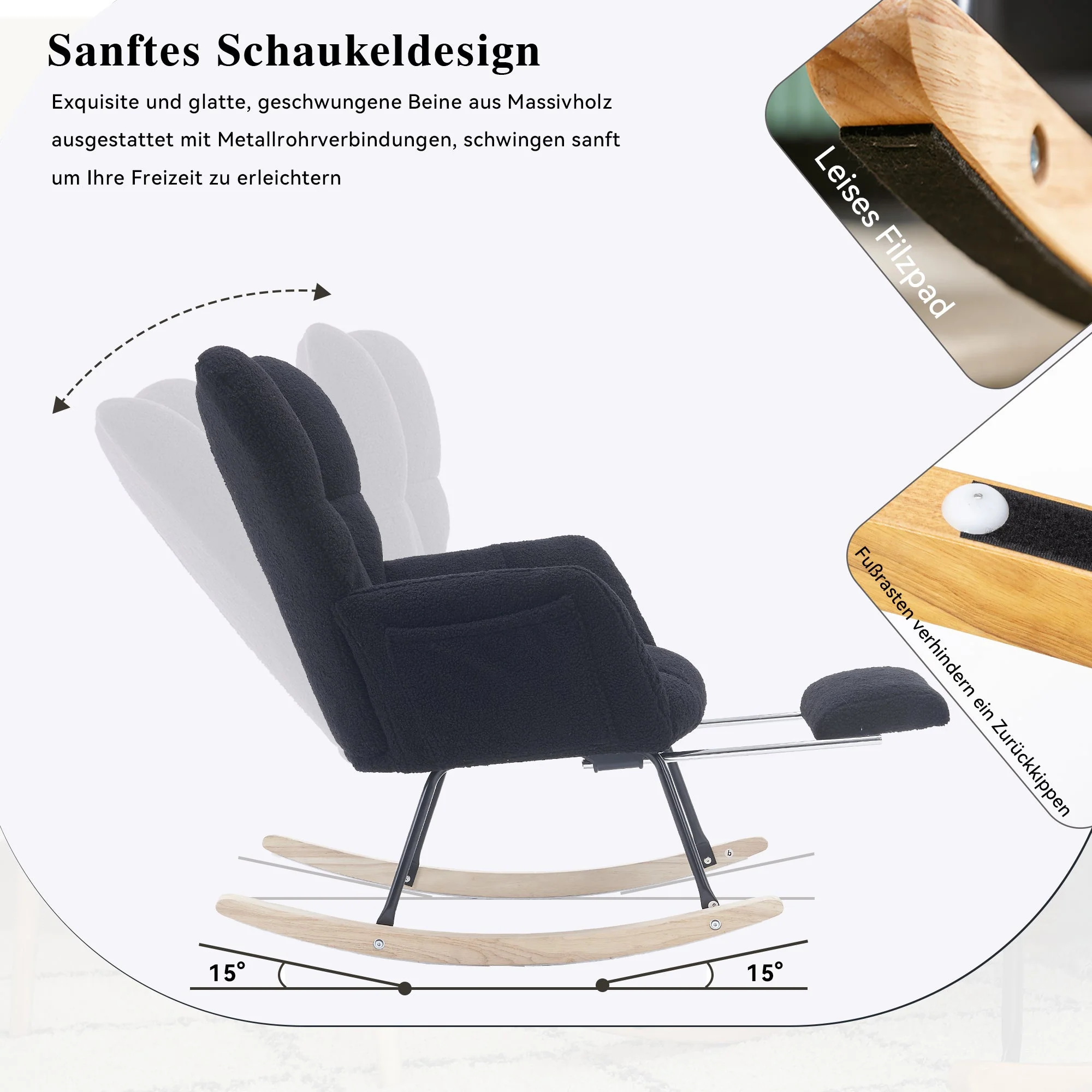 Modern Rocking Chair, Upholstered with Extendable Footrest, Black Teddy Taffeta - Image 6
