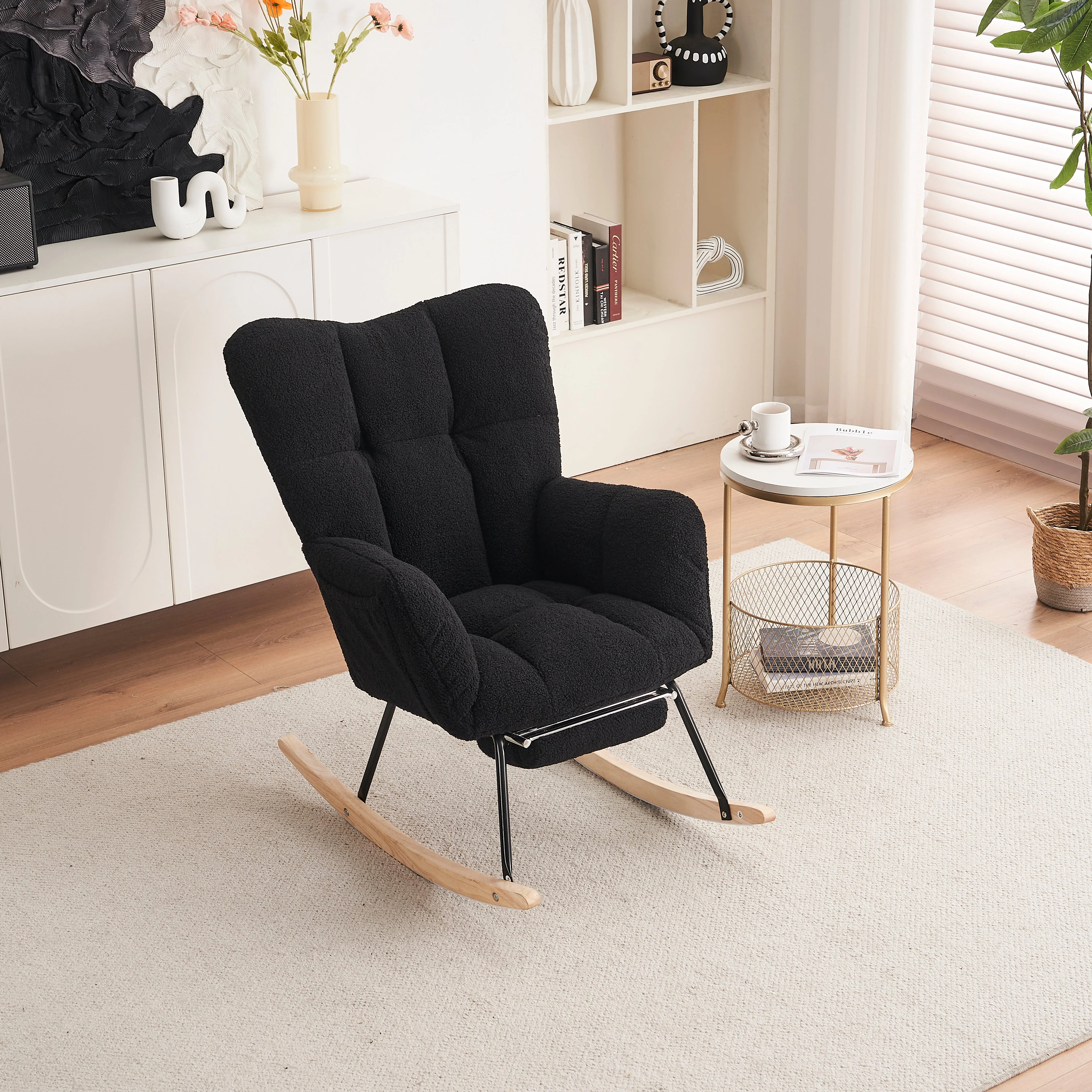 Modern Rocking Chair, Upholstered with Extendable Footrest, Black Teddy Taffeta - Image 8