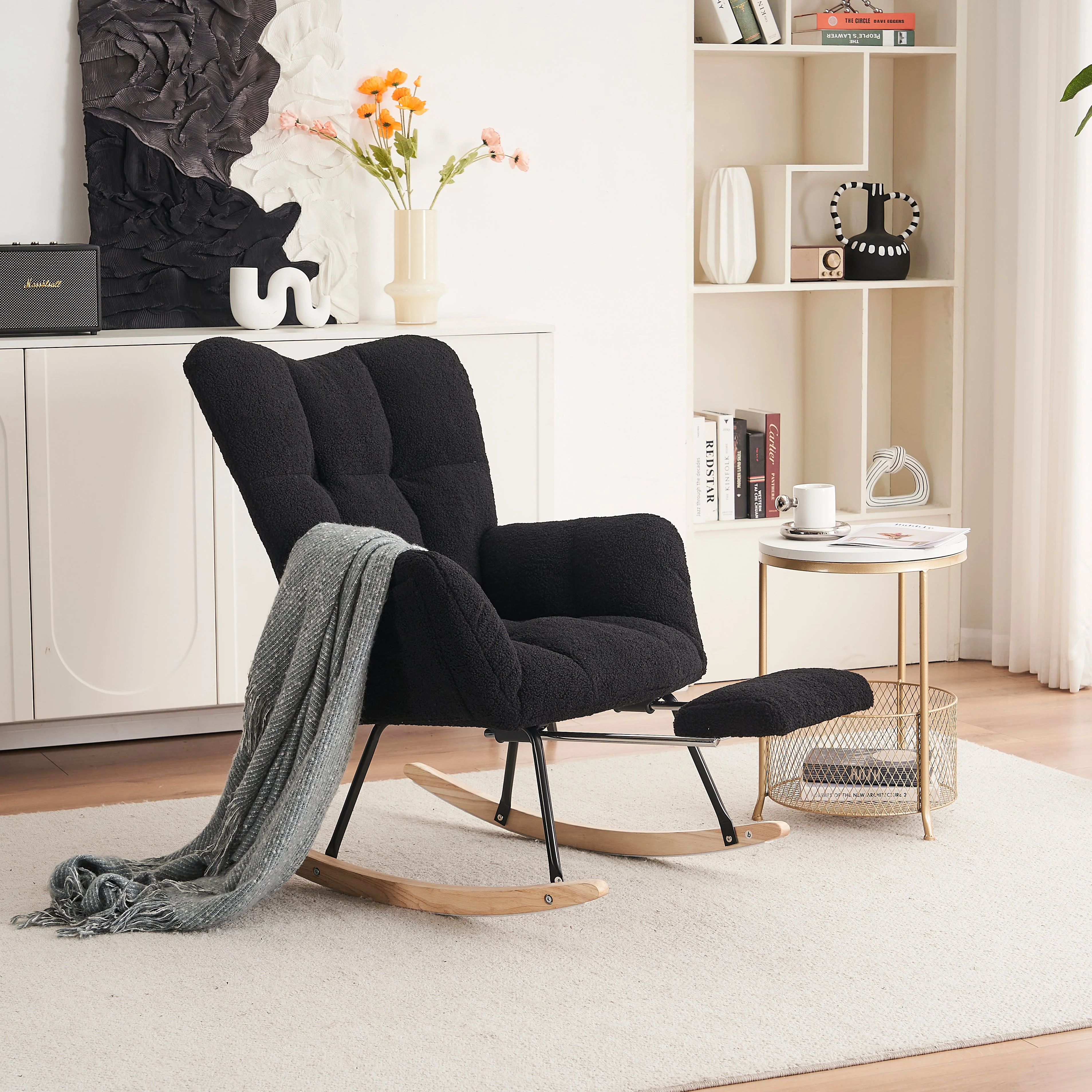Modern Rocking Chair, Upholstered with Extendable Footrest, Black Teddy Taffeta - Image 9