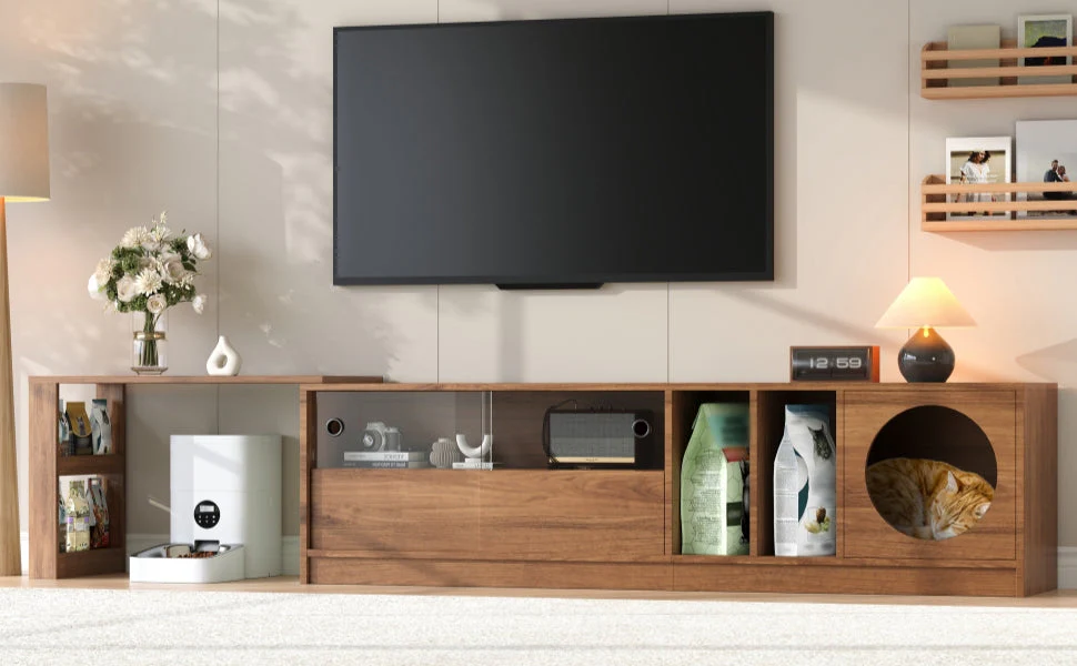 Modern Rotating TV Cabinet Extendable Pet-Friendly Glass Doors 180(+80)x40x50 cm - Walnut - Image 10