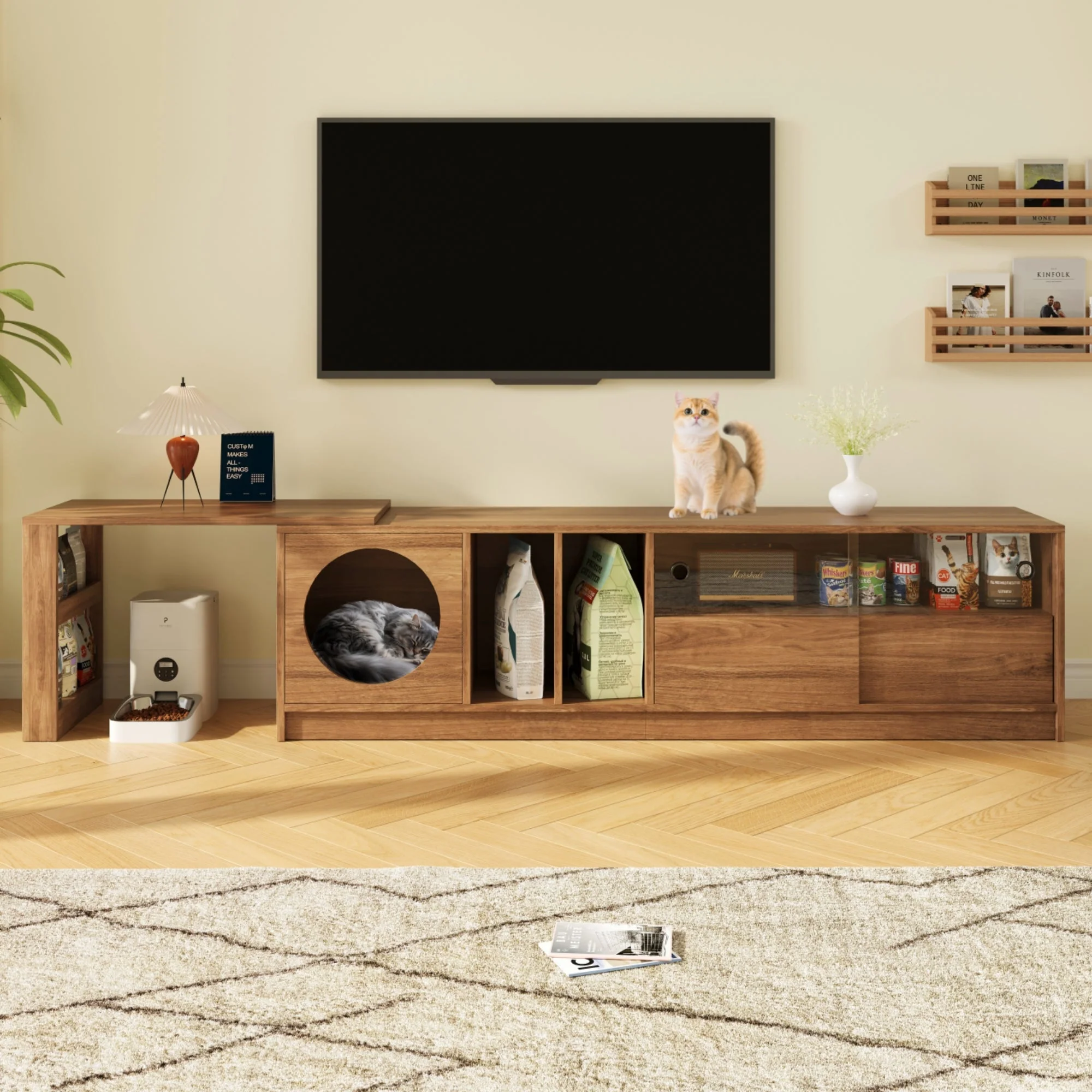Modern Rotating TV Cabinet Extendable Pet-Friendly Glass Doors 180(+80)x40x50 cm - Walnut - Image 2