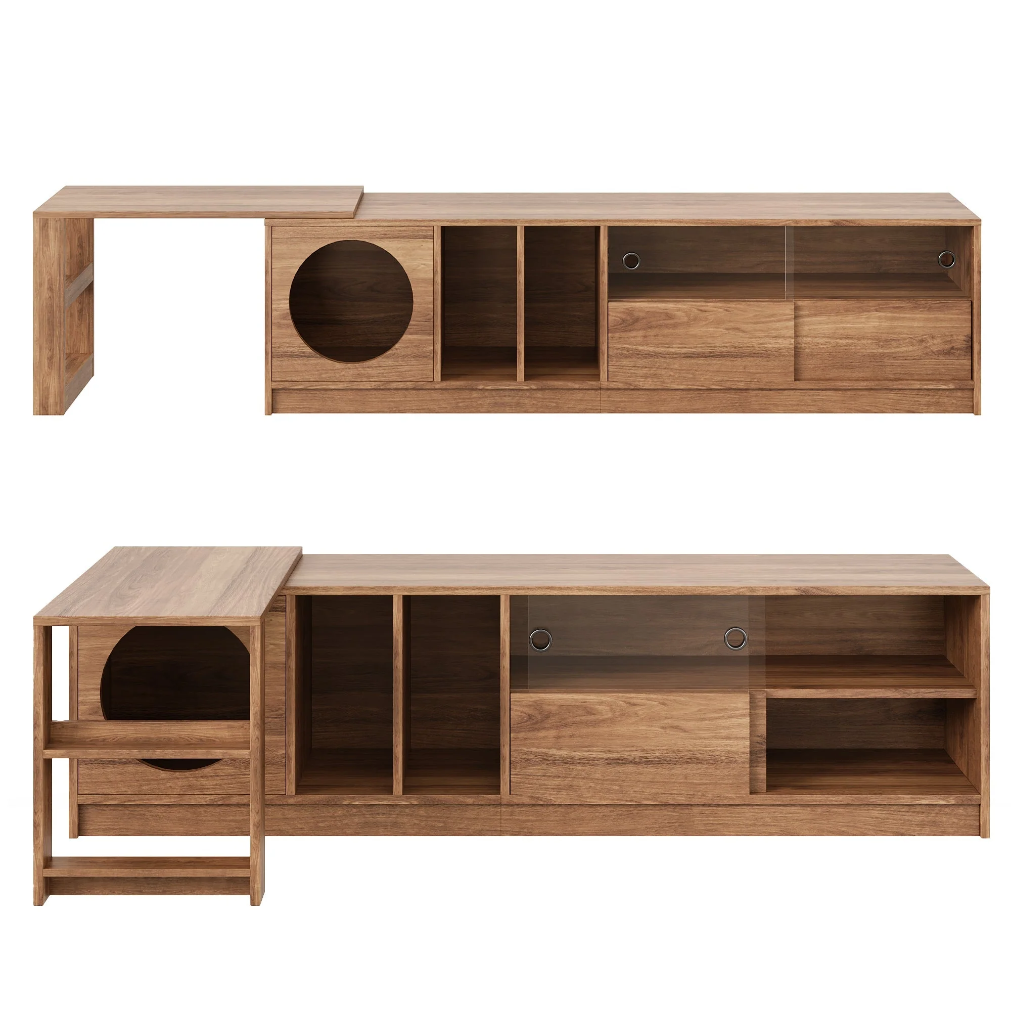 Modern Rotating TV Cabinet Extendable Pet-Friendly Glass Doors 180(+80)x40x50 cm - Walnut - Image 3