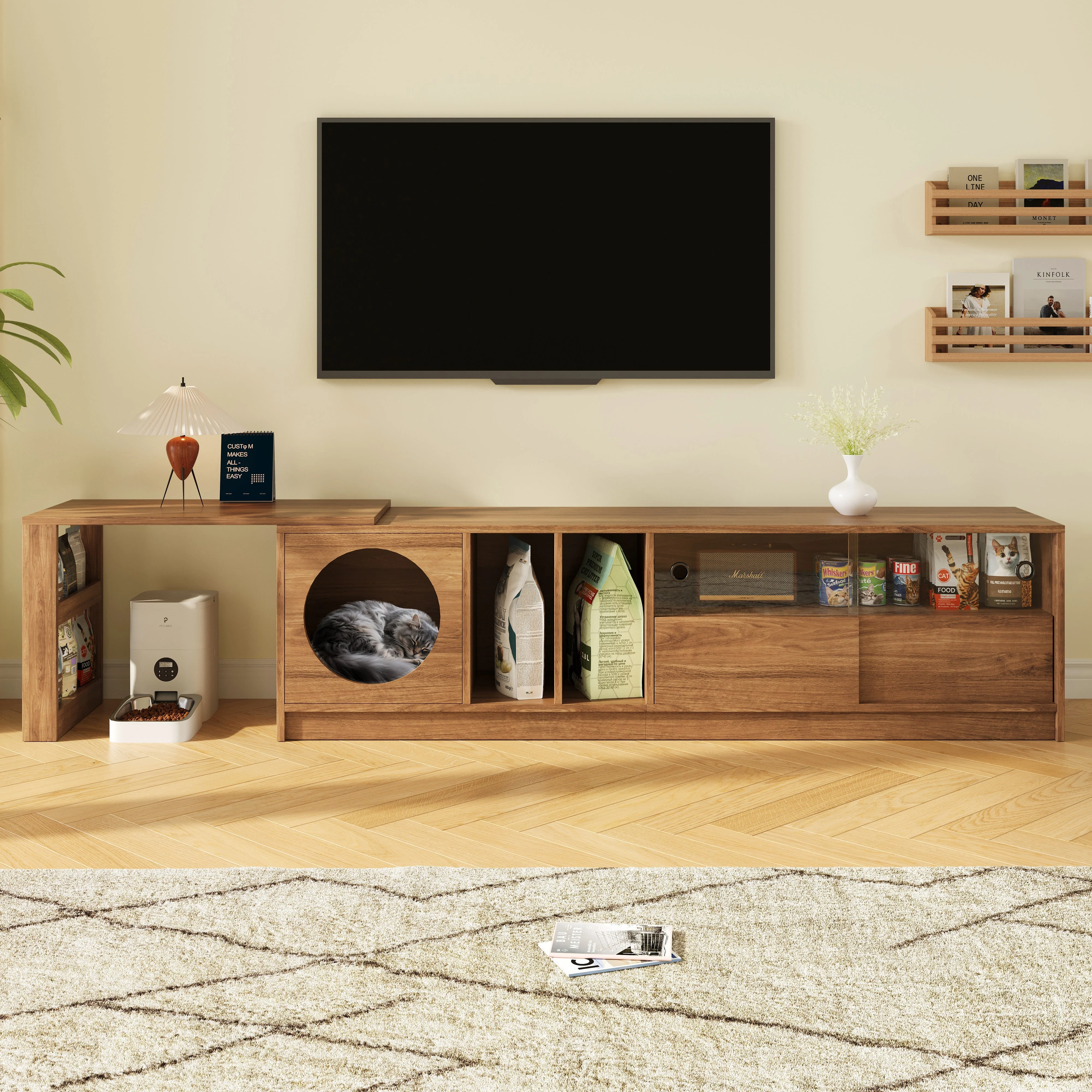 Modern Rotating TV Cabinet Extendable Pet-Friendly Glass Doors 180(+80)x40x50 cm - Walnut - Image 4