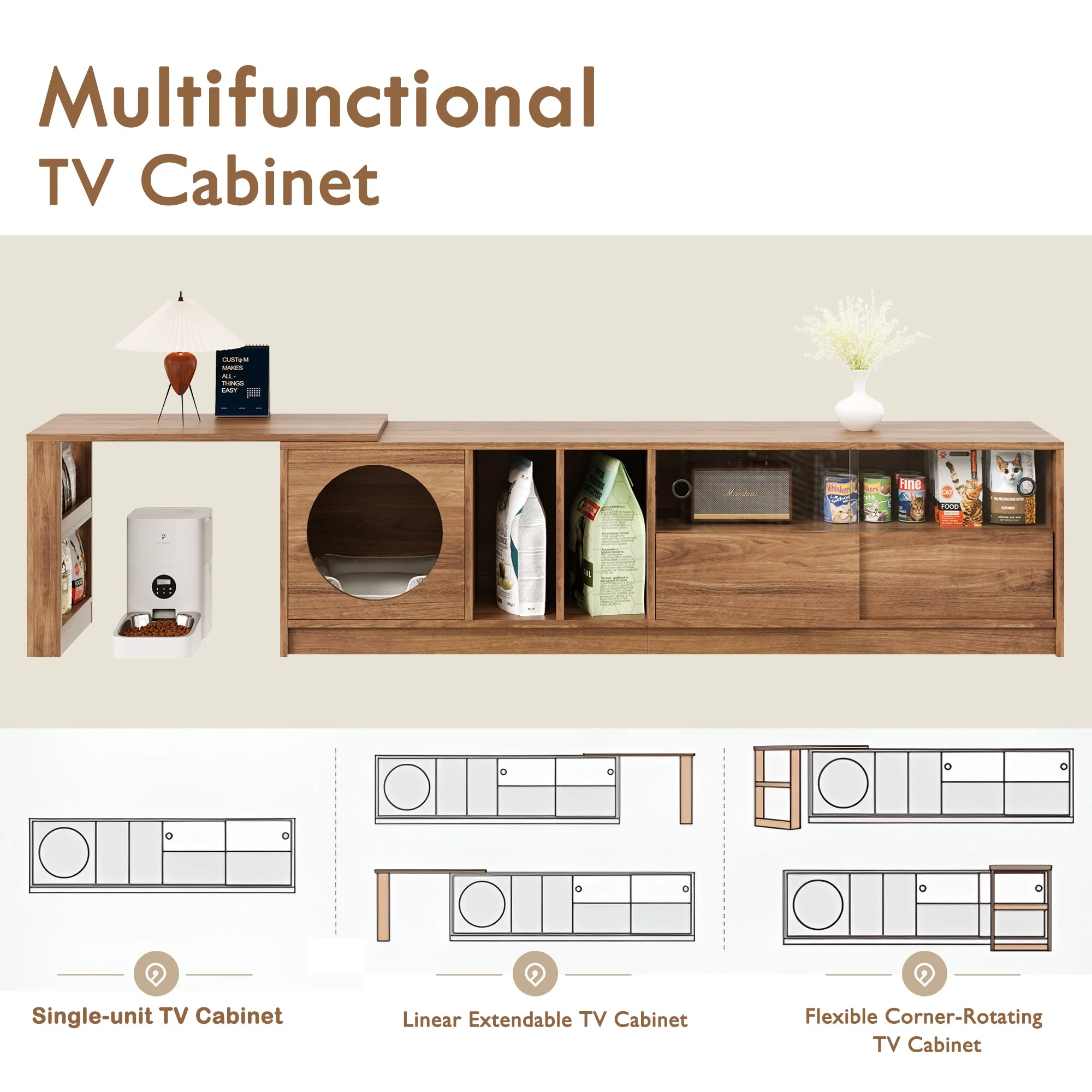 Modern Rotating TV Cabinet Extendable Pet-Friendly Glass Doors 180(+80)x40x50 cm - Walnut - Image 5