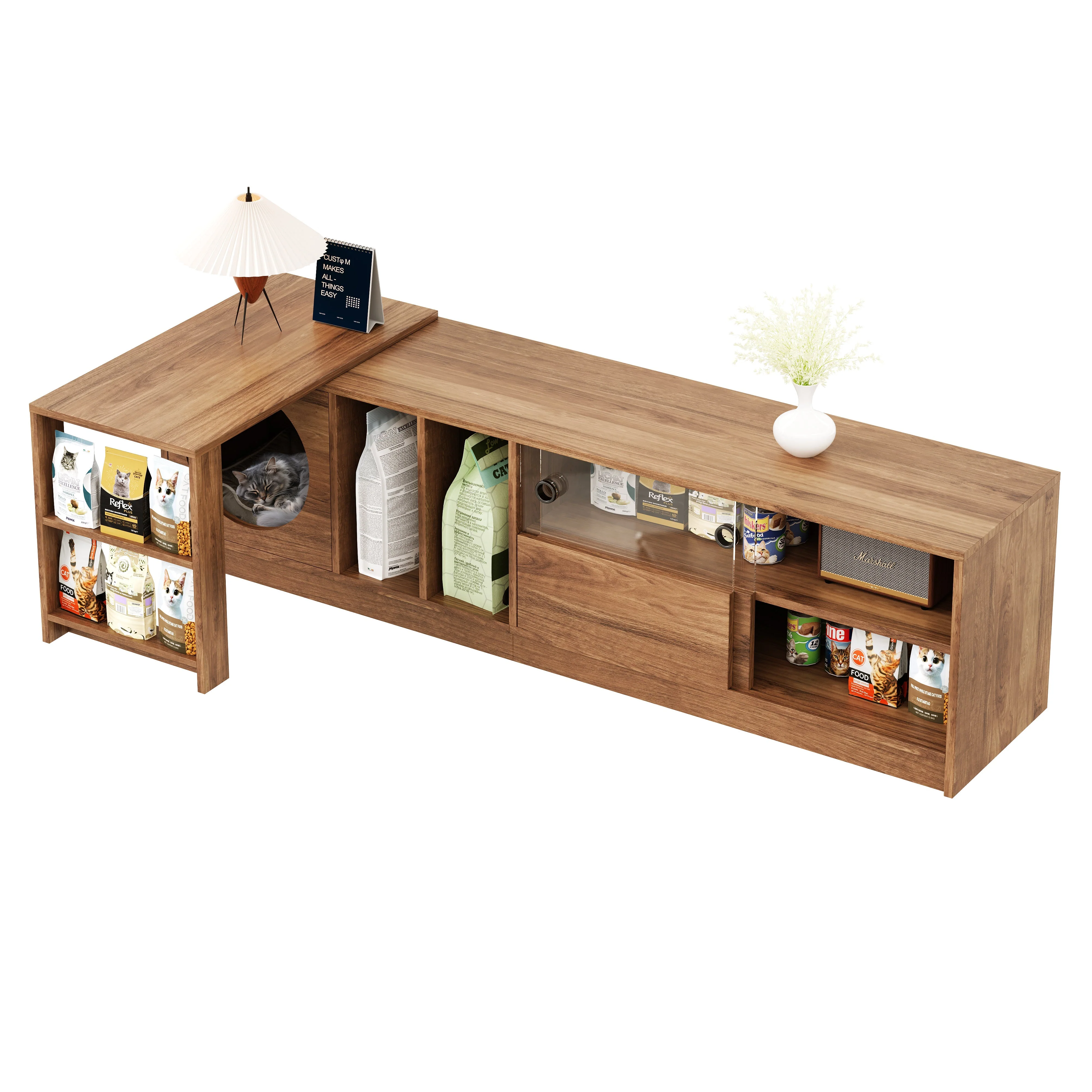 Modern Rotating TV Cabinet Extendable Pet-Friendly Glass Doors 180(+80)x40x50 cm - Walnut - Image 6