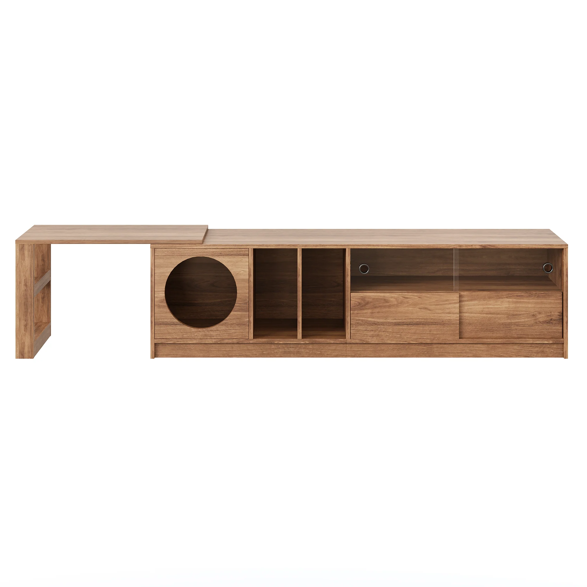 Modern Rotating TV Cabinet Extendable Pet-Friendly Glass Doors 180(+80)x40x50 cm - Walnut - Image 8