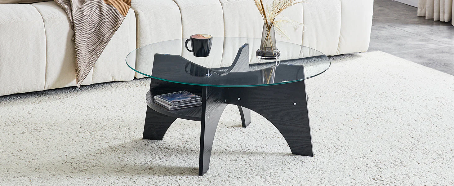 Modern Round Side Table Ø 80 cm Safety Glass Fan-Shaped MDF Legs - Black Wood Look - Image 9