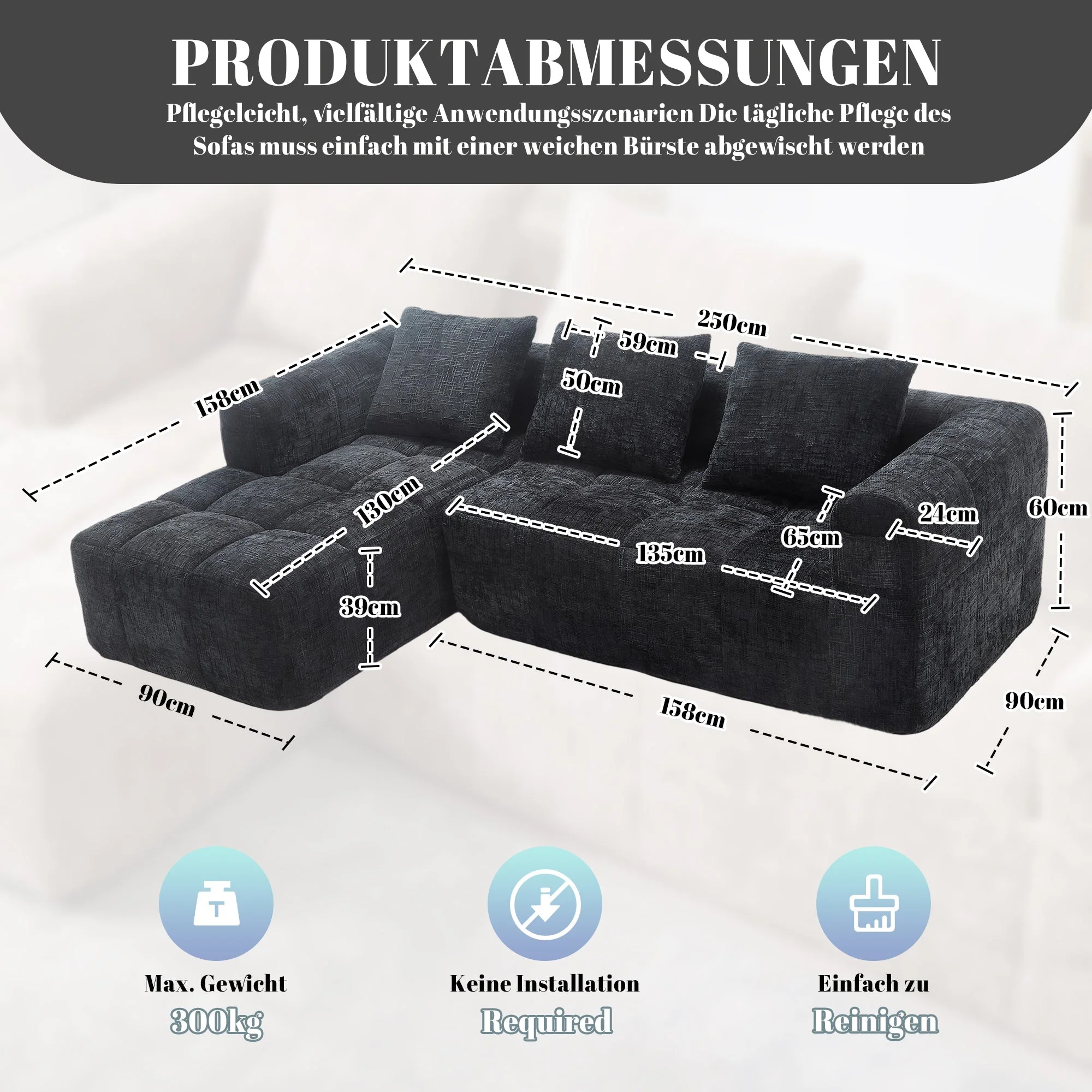 Modern Sectional Sofa L-Shaped 3-Seater Chaise Lounge, Chenille Black - Image 2