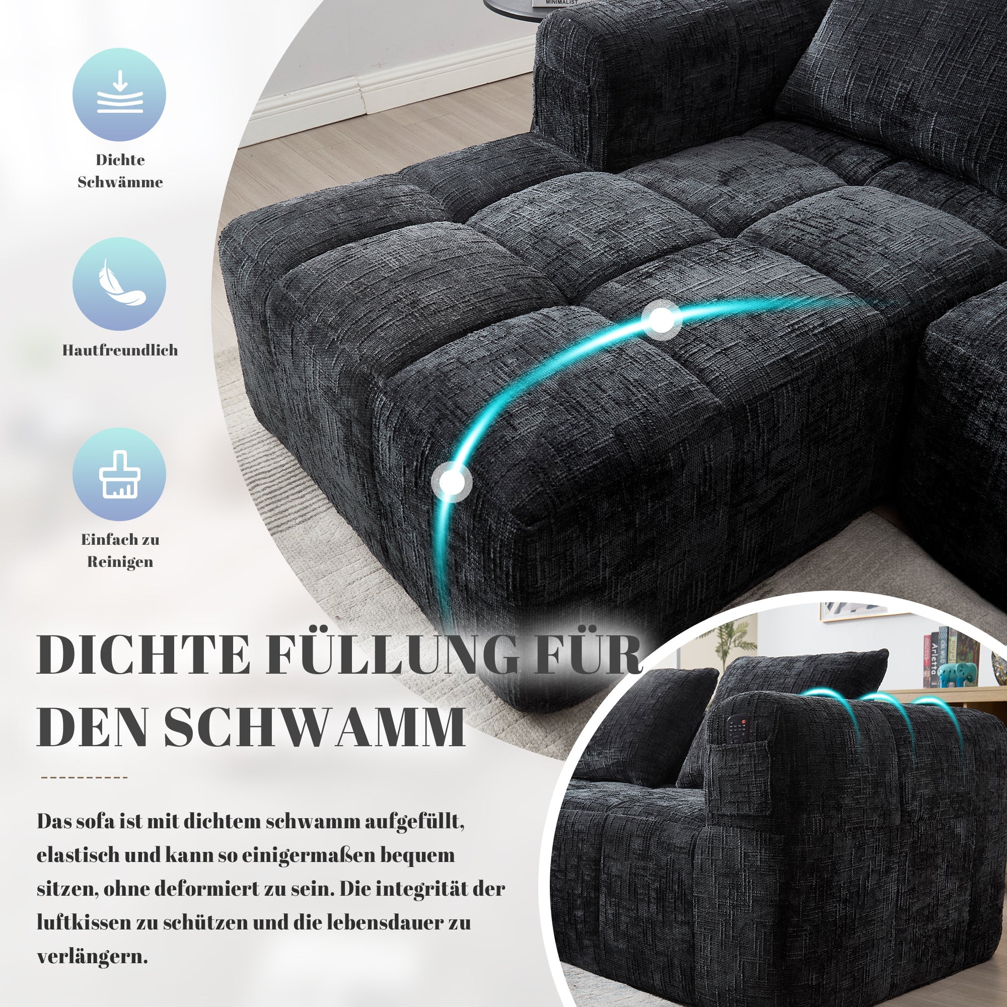 Modern Sectional Sofa L-Shaped 3-Seater Chaise Lounge, Chenille Black - Image 3