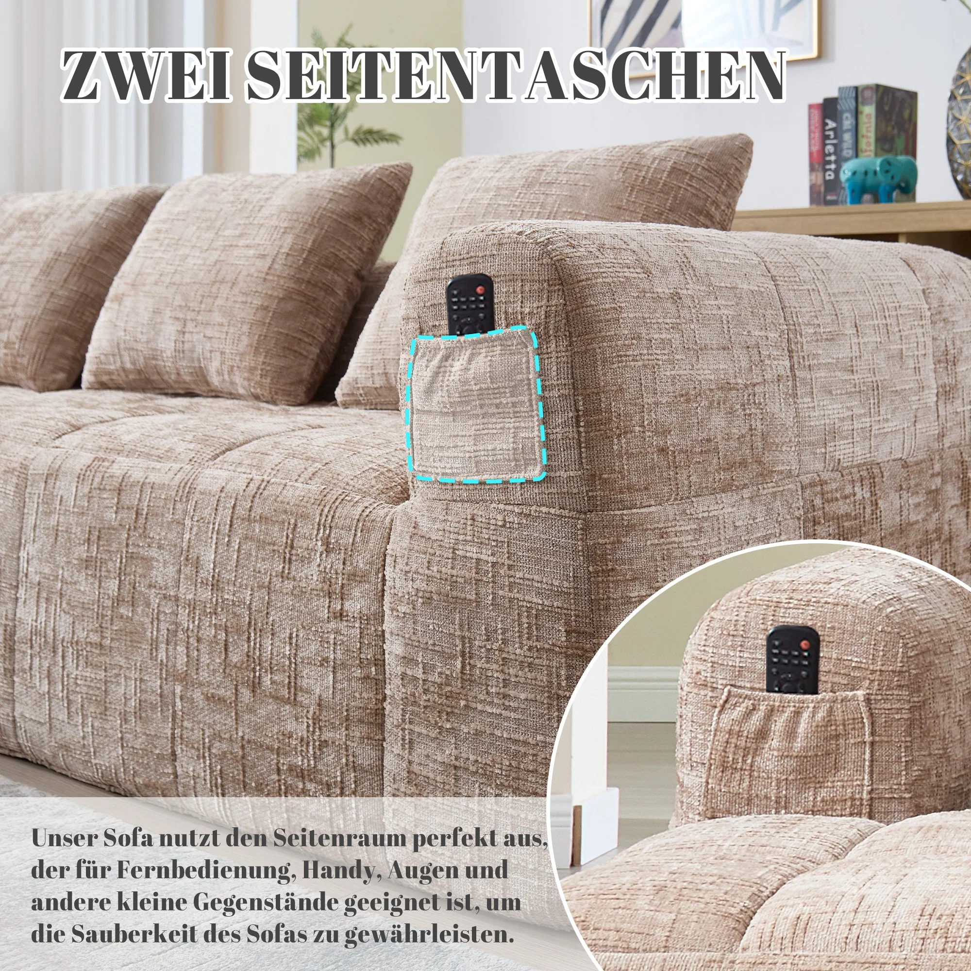 Modern Sectional Sofa L-Shaped 3-Seater Chaise Lounge Chenille Khaki - Image 3