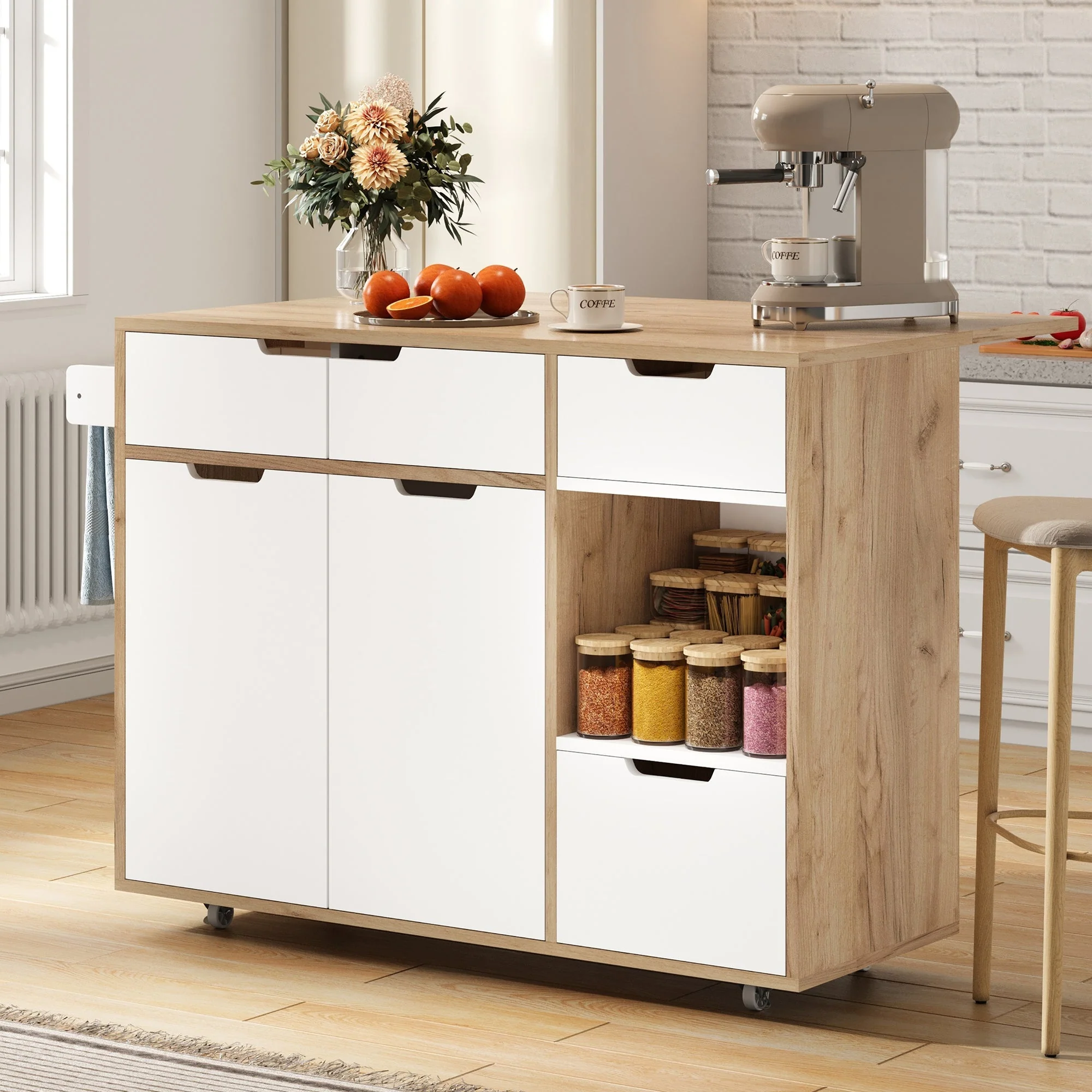 Modern Serving Trolley with 360° Swivel Casters and Storage, White and Wood - Image 10