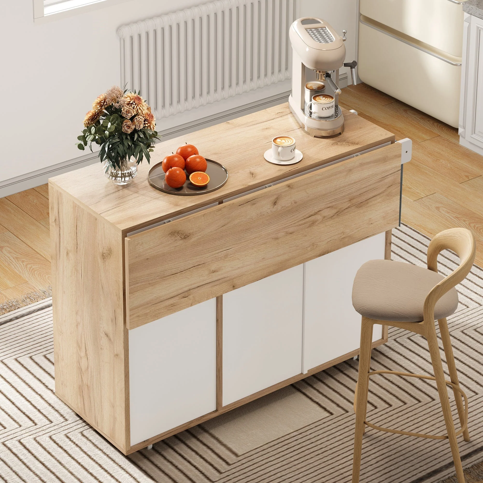 Modern Serving Trolley with 360° Swivel Casters and Storage, White and Wood - Image 5