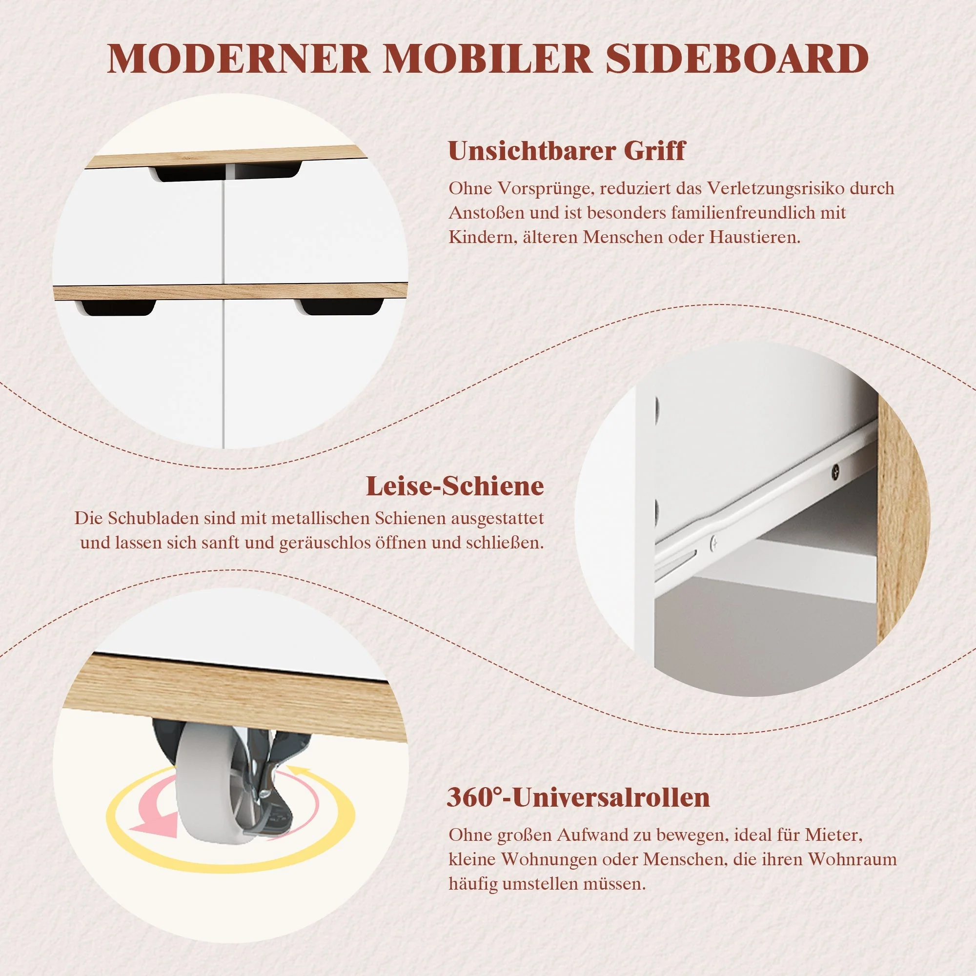 Modern Serving Trolley with 360° Swivel Casters and Storage, White and Wood - Image 9