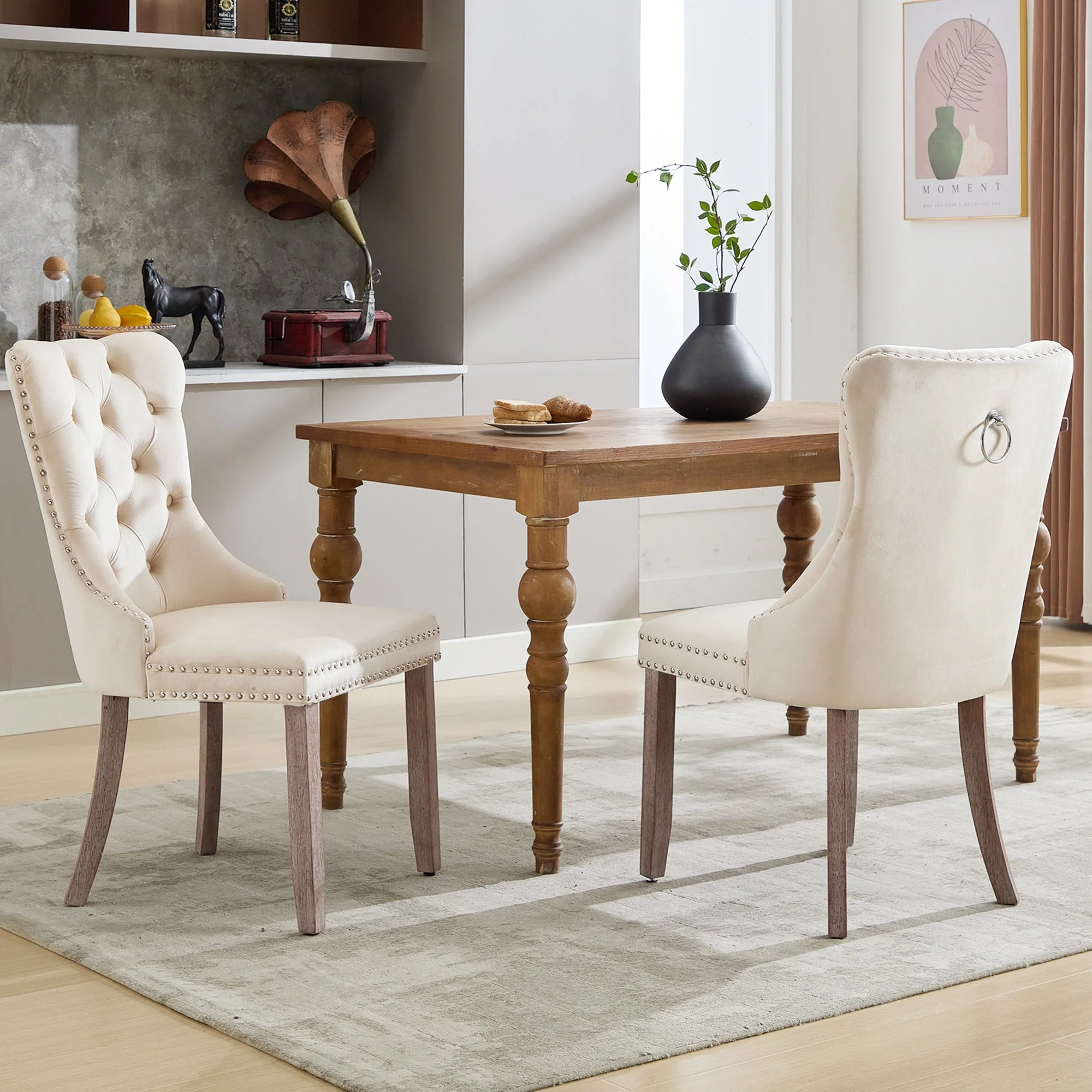 Modern Set of 2 Upholstered Velvet Dining Chairs, Button Tufted Kitchen Lounge Chairs with Brushed Wood Legs, Riveted Trim and Knocker Ring, for Dining Room Living Room, Beige (Old SKU: PP311356AAW) - Image 3