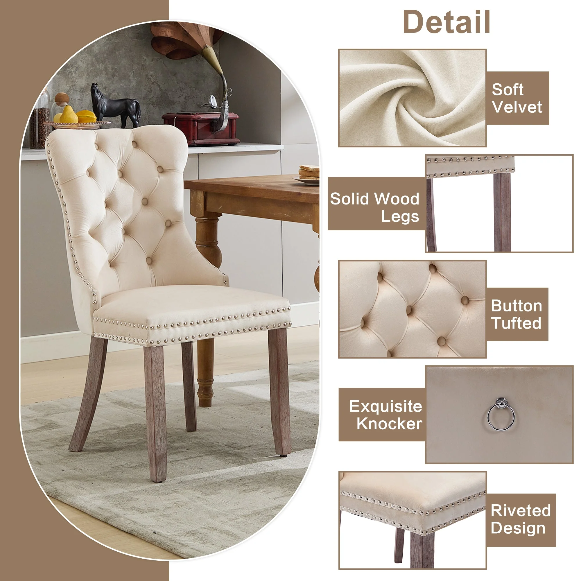 Modern Set of 2 Upholstered Velvet Dining Chairs, Button Tufted Kitchen Lounge Chairs with Brushed Wood Legs, Riveted Trim and Knocker Ring, for Dining Room Living Room, Beige (Old SKU: PP311356AAW) - Image 6