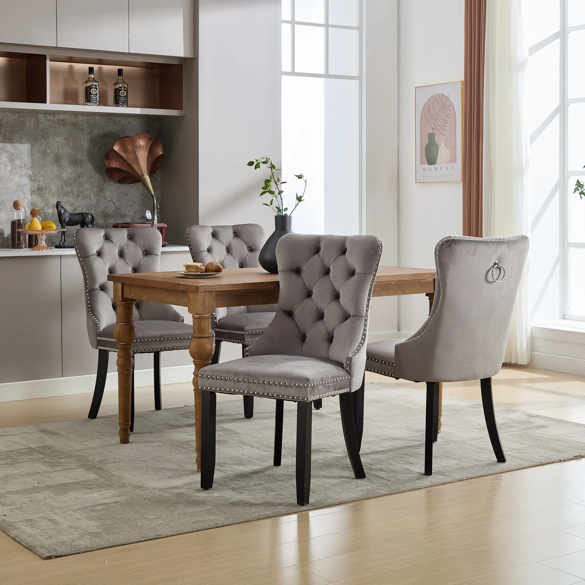 Modern Set of 4 Upholstered Dining Chairs with Button Tufted Velvet, Solid Wood Legs, Riveted Trim, and Knocker Ring, Grey - Image 3