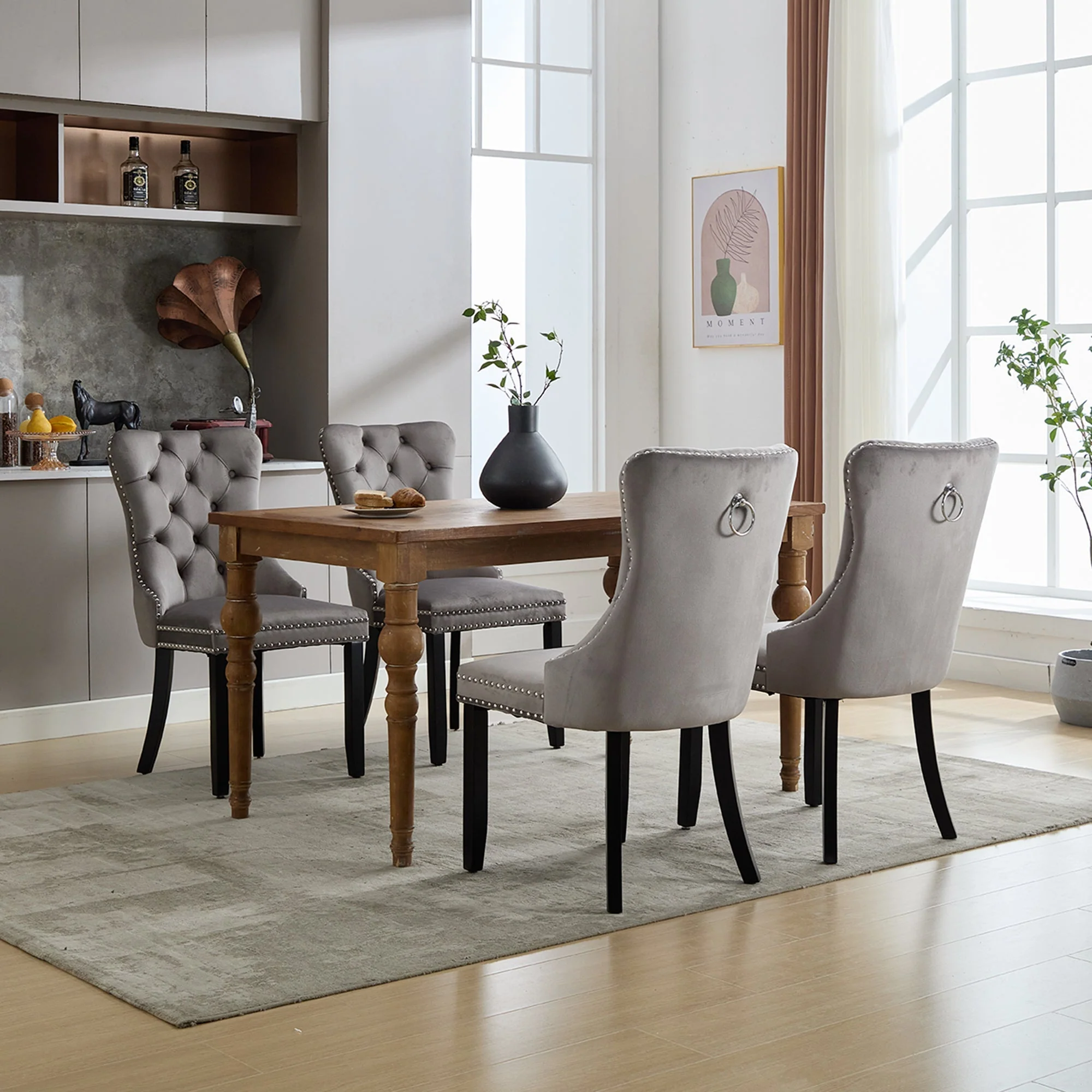 Modern Set of 4 Upholstered Dining Chairs with Button Tufted Velvet, Solid Wood Legs, Riveted Trim, and Knocker Ring, Grey - Image 4