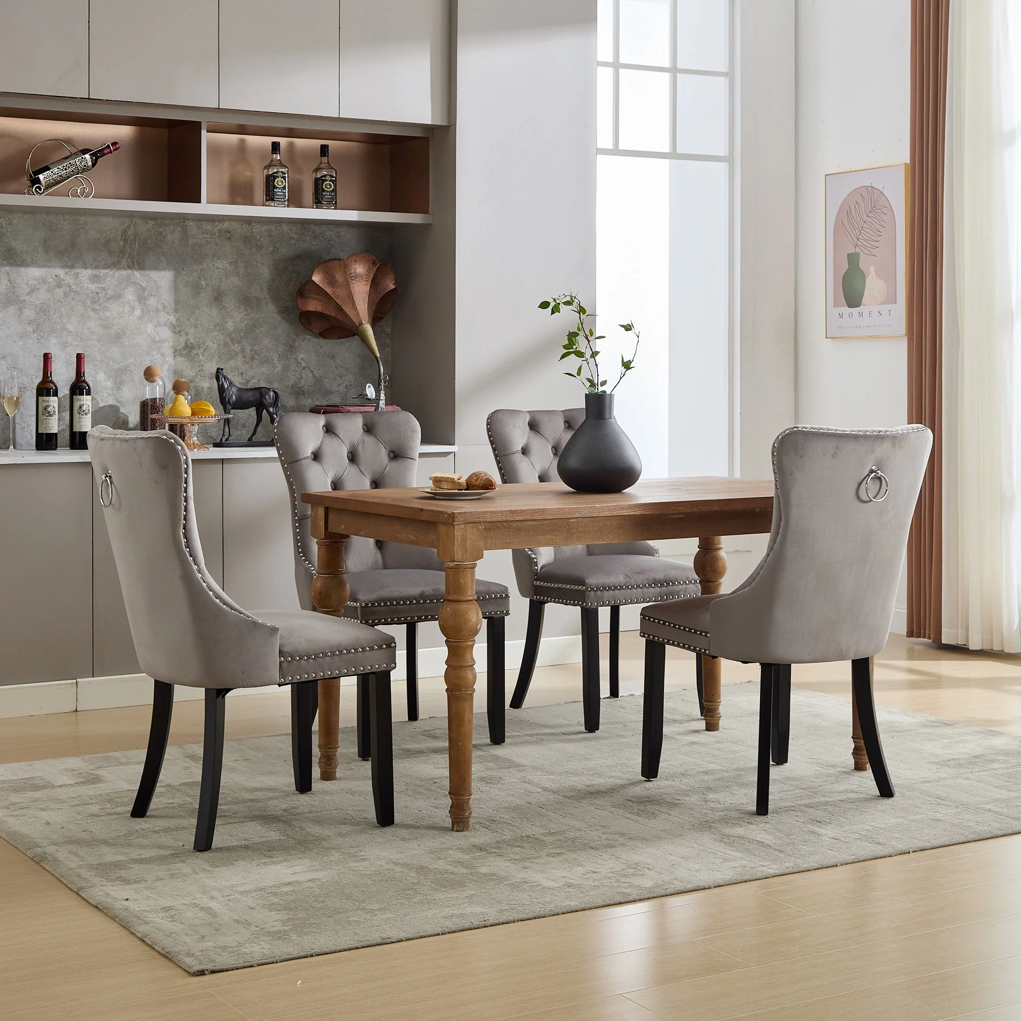 Modern Set of 4 Upholstered Dining Chairs with Button Tufted Velvet, Solid Wood Legs, Riveted Trim, and Knocker Ring, Grey - Image 5