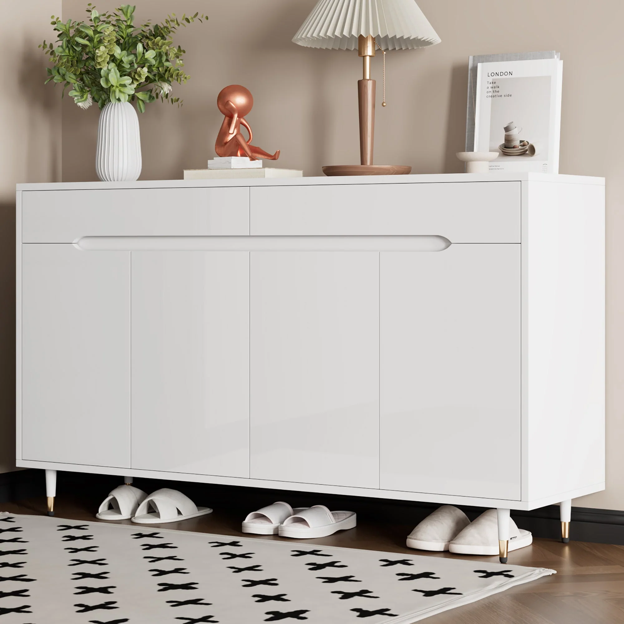 Modern Shoe Cabinet, 2 Doors 2 Drawers Adjustable Shelves, Gold Legs - Image 3