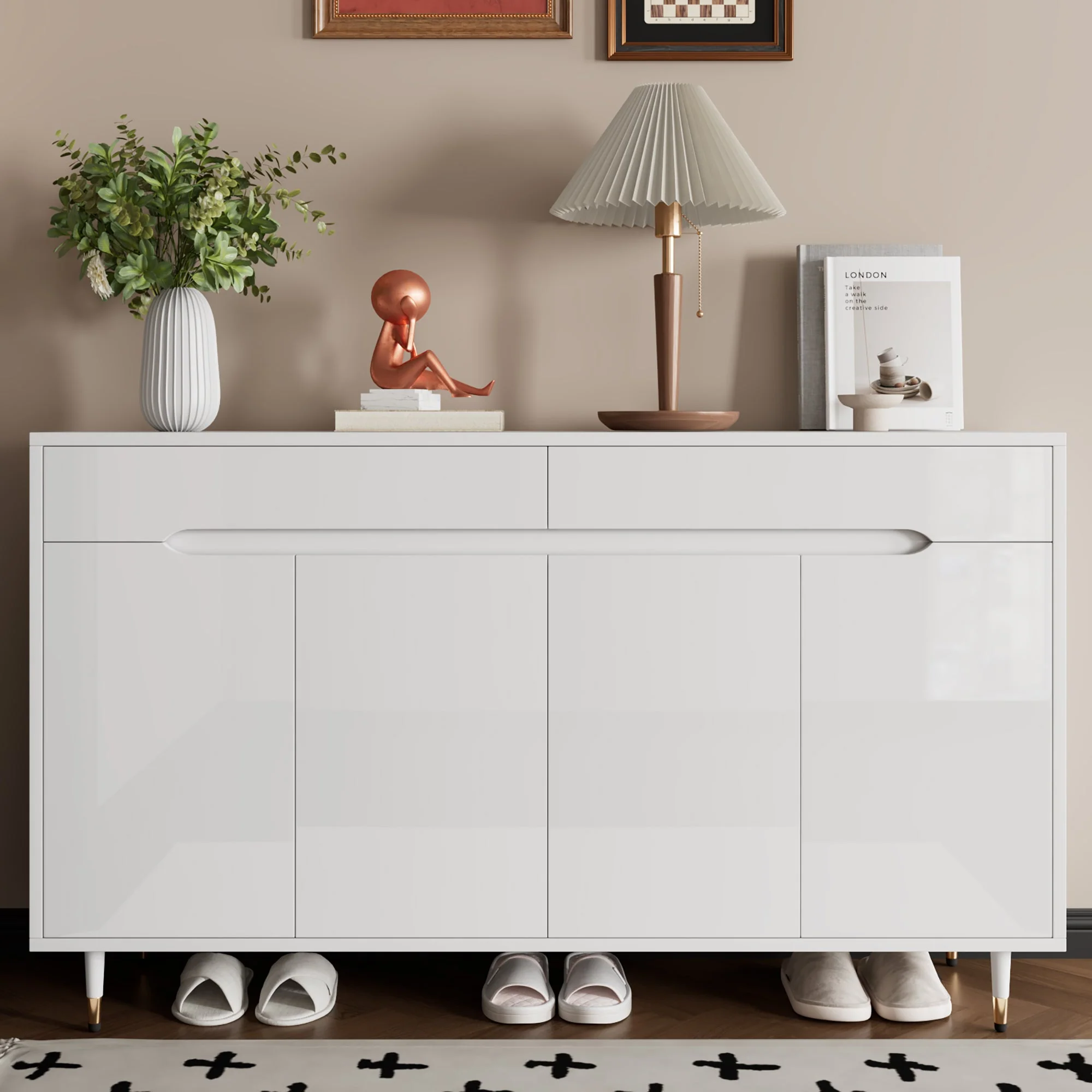 Modern Shoe Cabinet, 2 Doors 2 Drawers Adjustable Shelves, Gold Legs - Image 4
