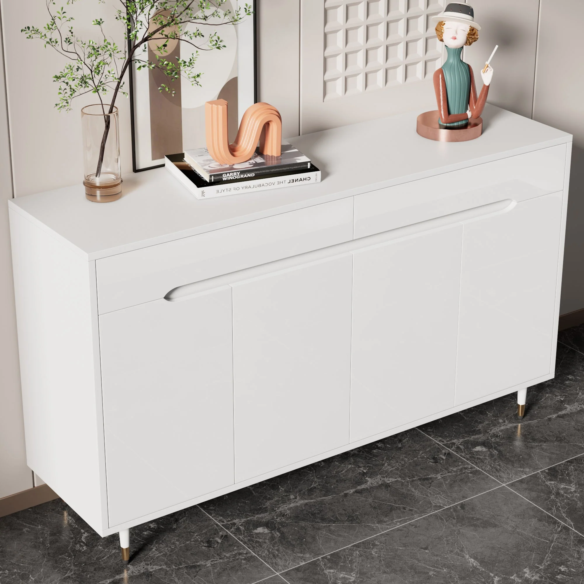 Modern Shoe Cabinet, 2 Doors 2 Drawers Adjustable Shelves, Gold Legs - Image 8