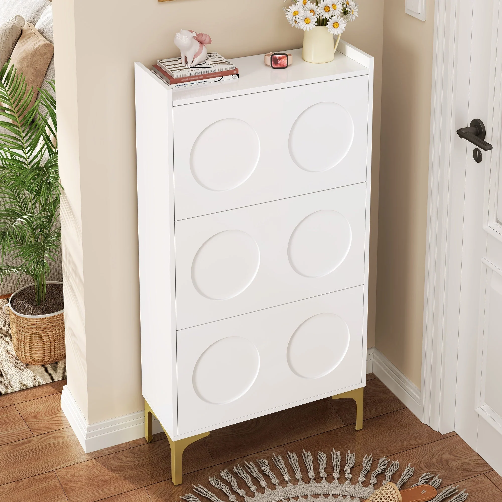 Modern Shoe Cabinet, 3-Tier Storage Metal Feet Entryway, White - Image 3