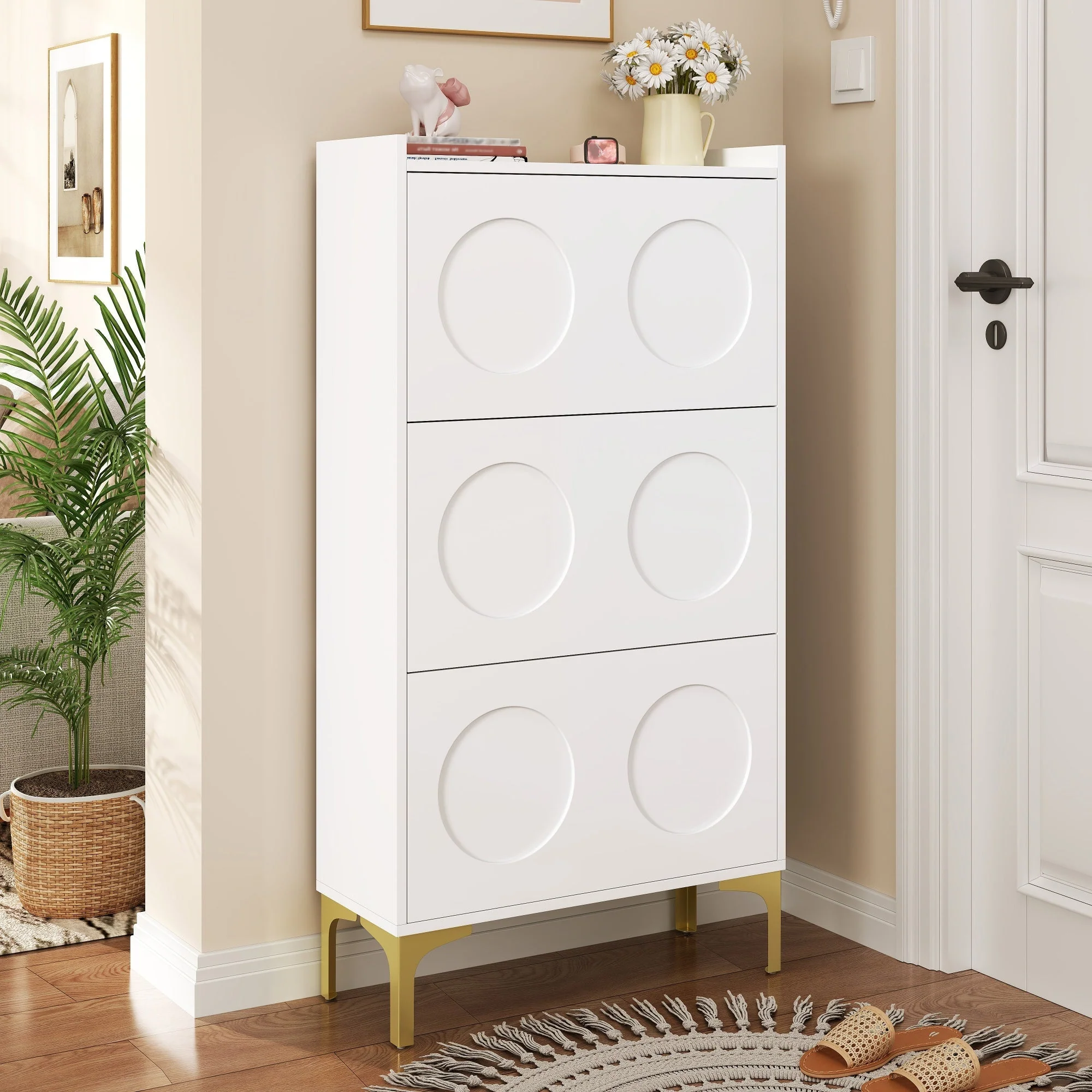Modern Shoe Cabinet, 3-Tier Storage Metal Feet Entryway, White - Image 6