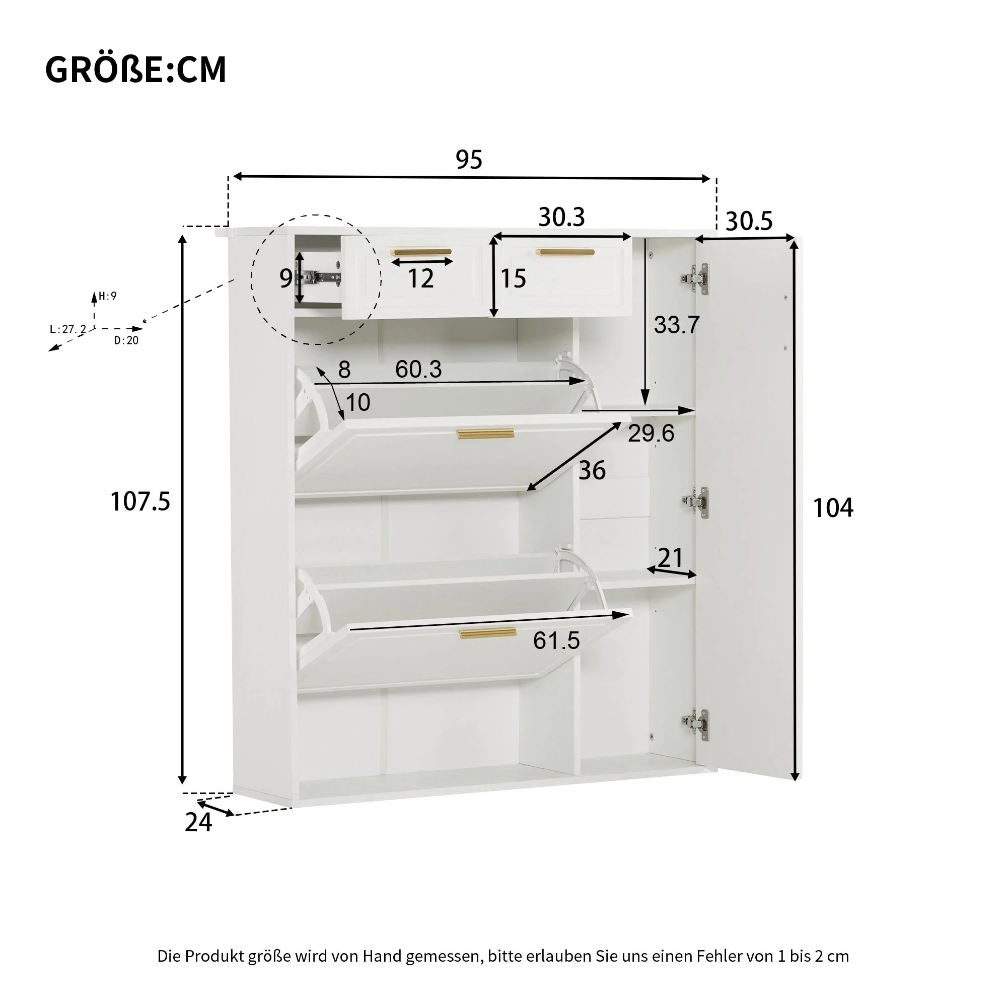 Modern Shoe Cabinet, adjustable shelves, gold handles, drawers, folding, white - Image 10