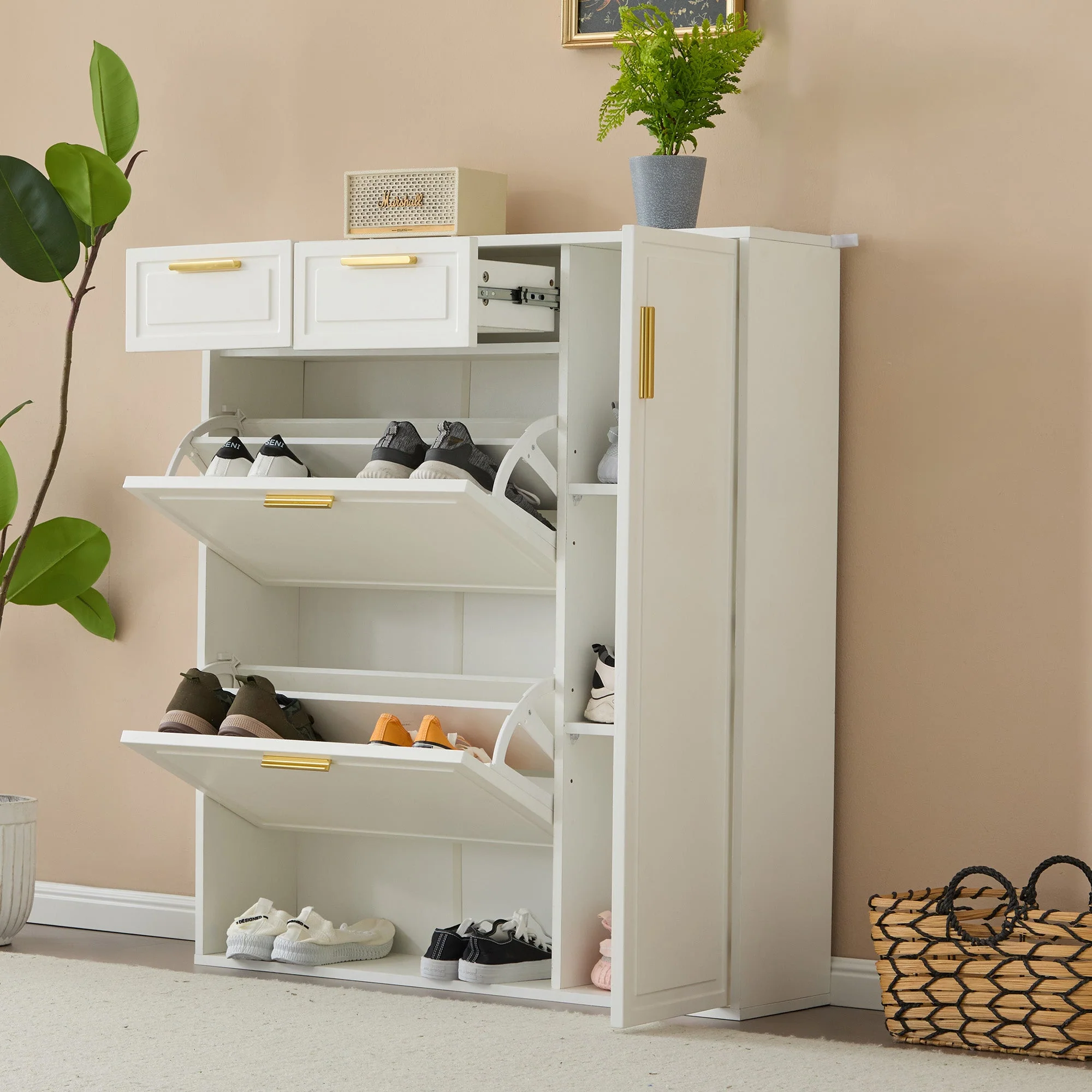 Modern Shoe Cabinet, adjustable shelves, gold handles, drawers, folding, white - Image 2