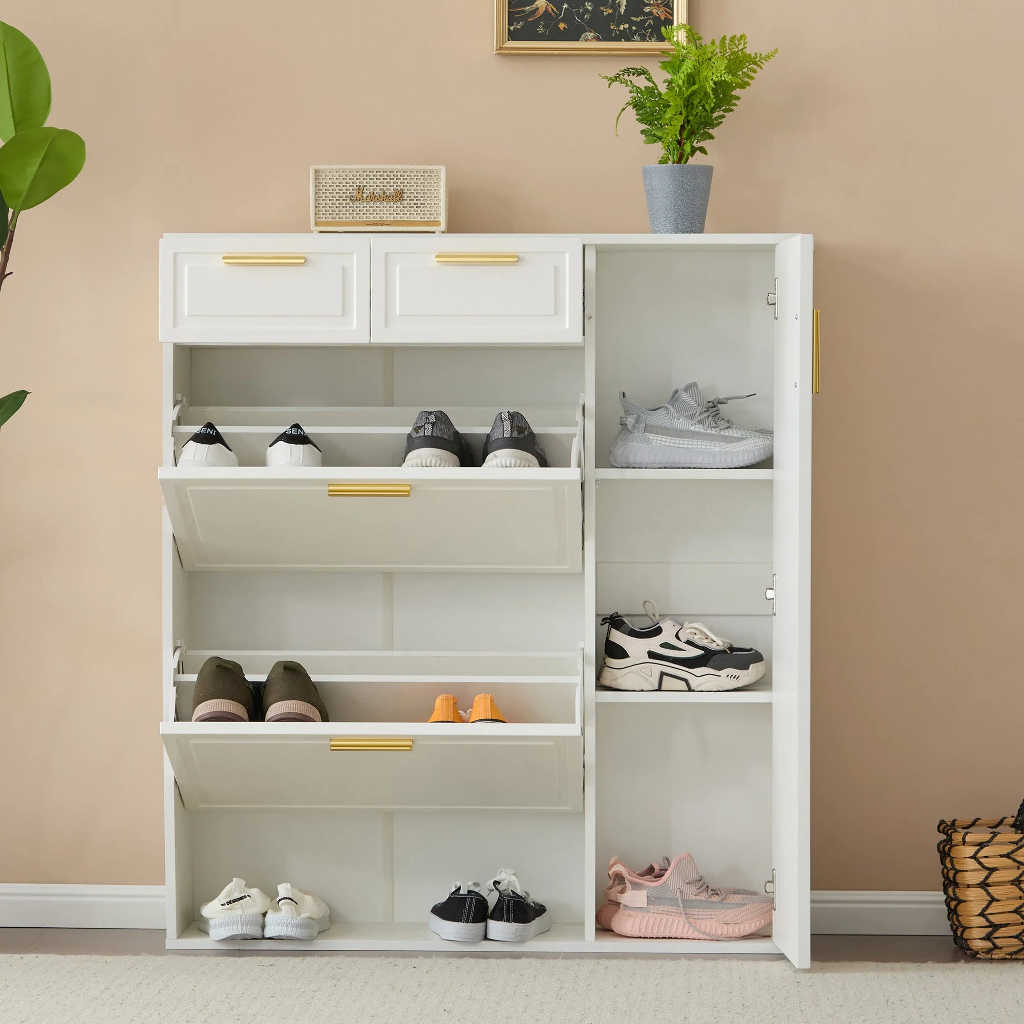 Modern Shoe Cabinet, adjustable shelves, gold handles, drawers, folding, white - Image 3