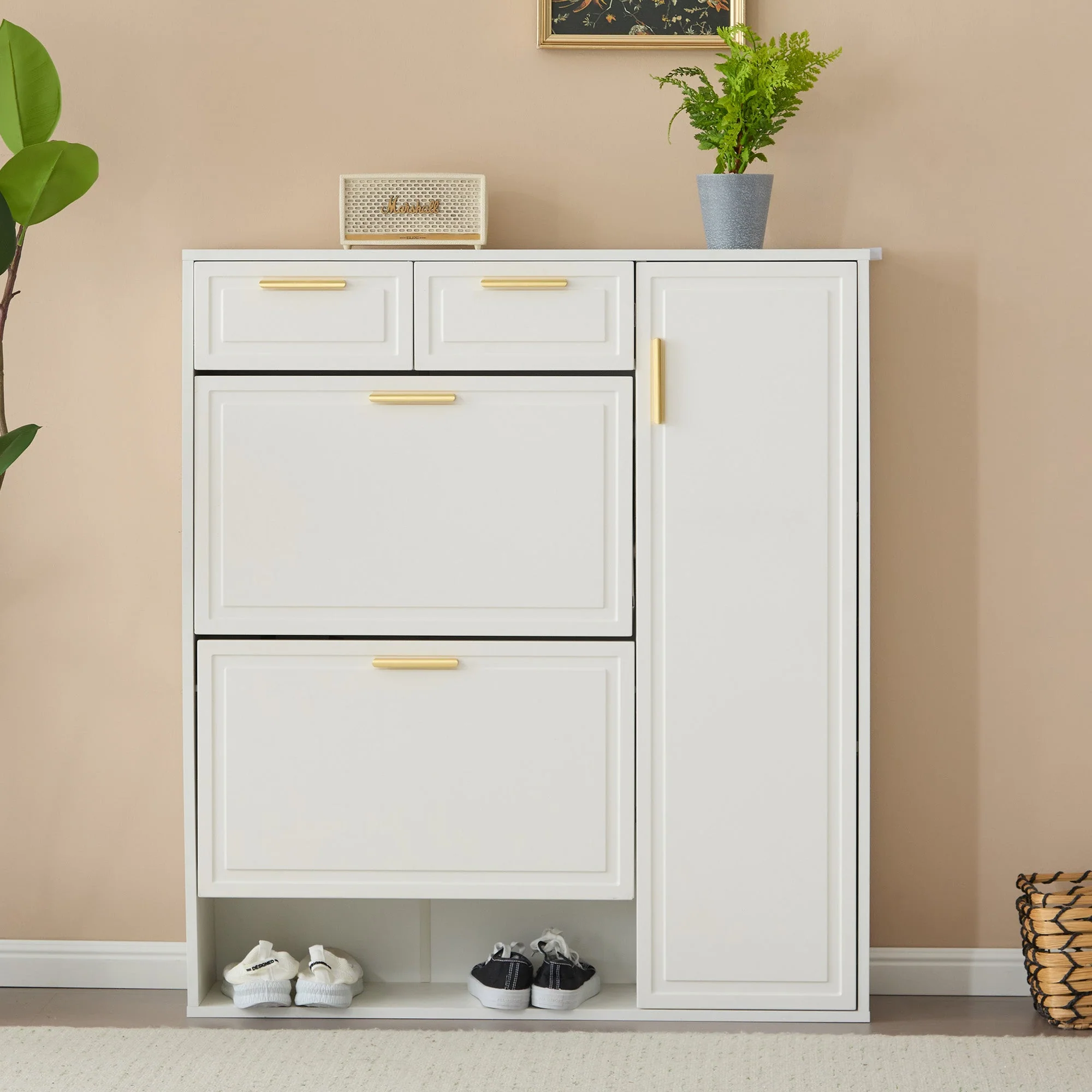 Modern Shoe Cabinet, adjustable shelves, gold handles, drawers, folding, white - Image 4