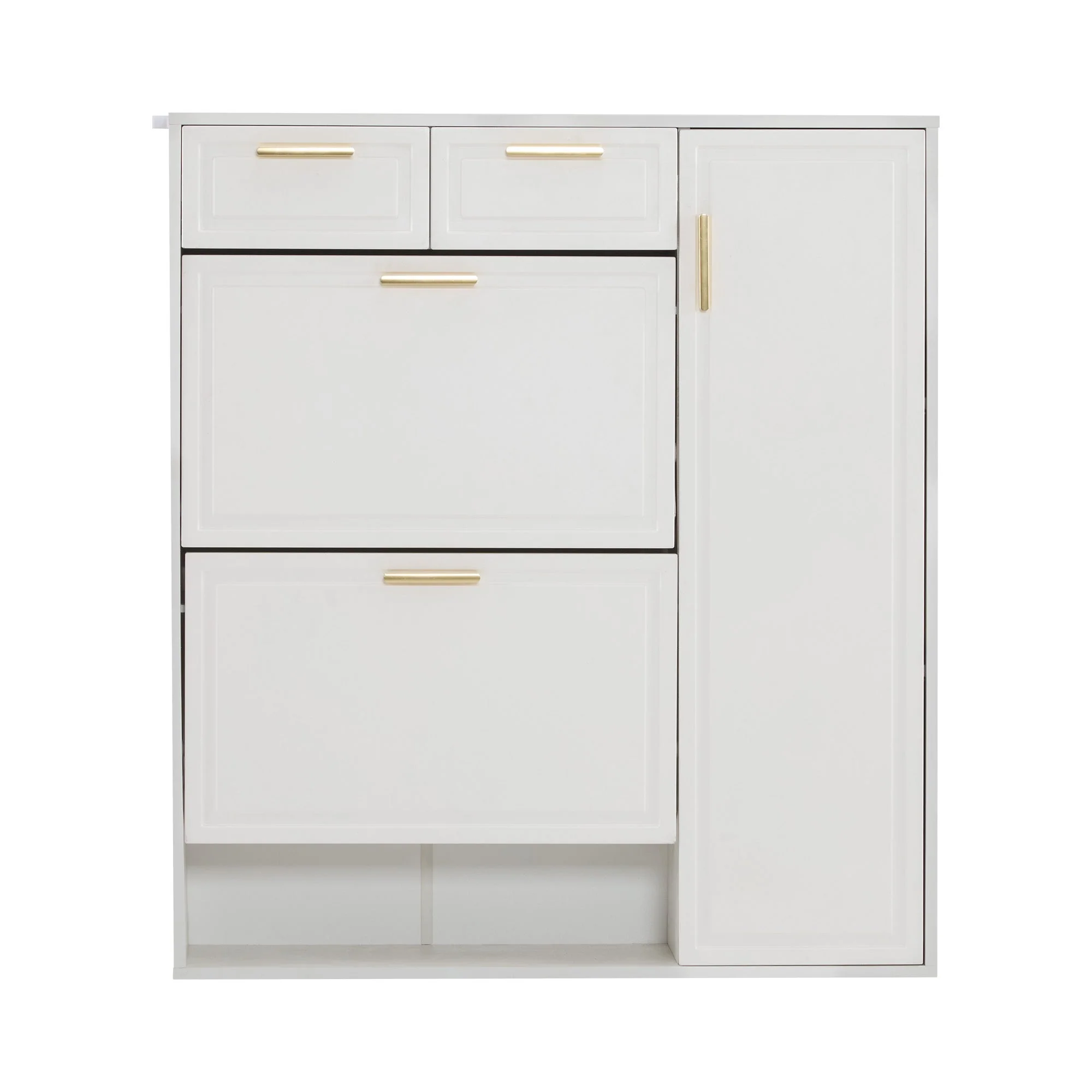 Modern Shoe Cabinet, adjustable shelves, gold handles, drawers, folding, white - Image 5