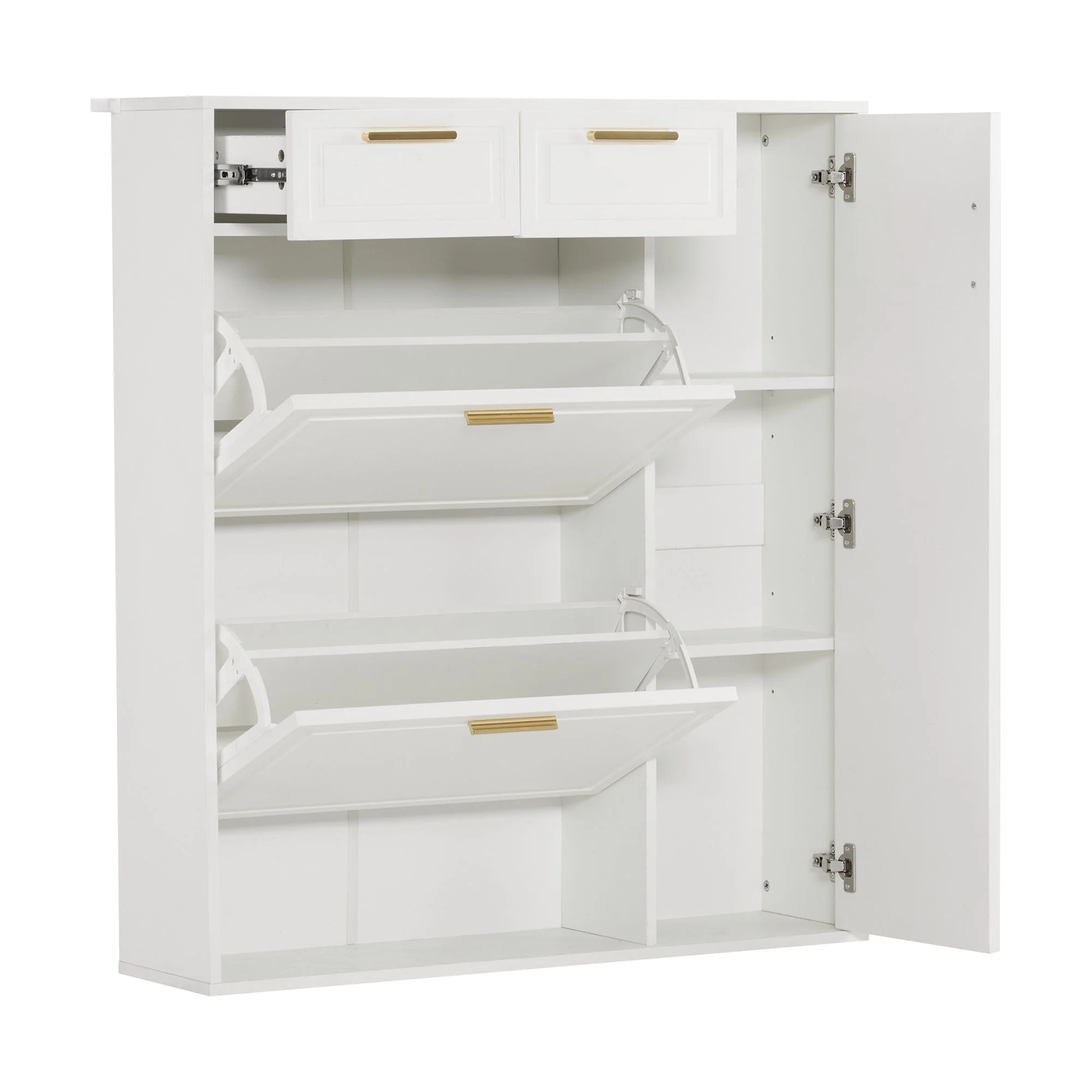 Modern Shoe Cabinet, adjustable shelves, gold handles, drawers, folding, white - Image 7