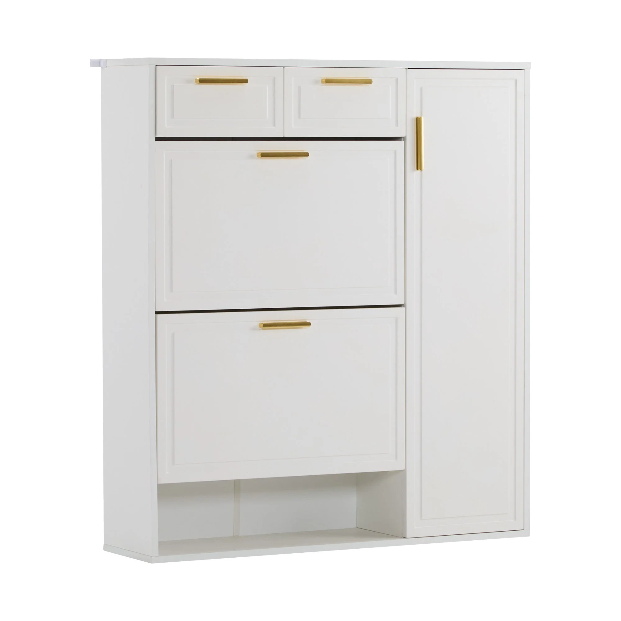 Modern Shoe Cabinet, adjustable shelves, gold handles, drawers, folding, white - Image 8