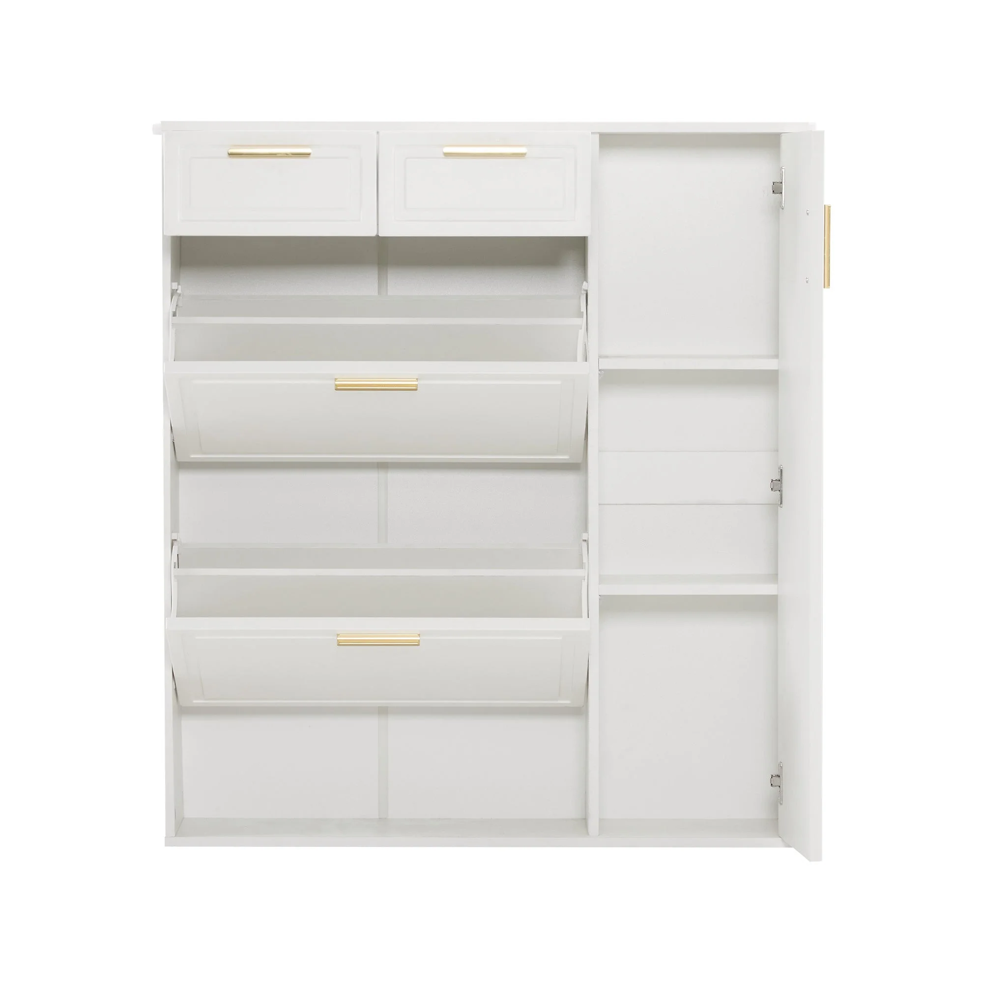 Modern Shoe Cabinet, adjustable shelves, gold handles, drawers, folding, white - Image 9