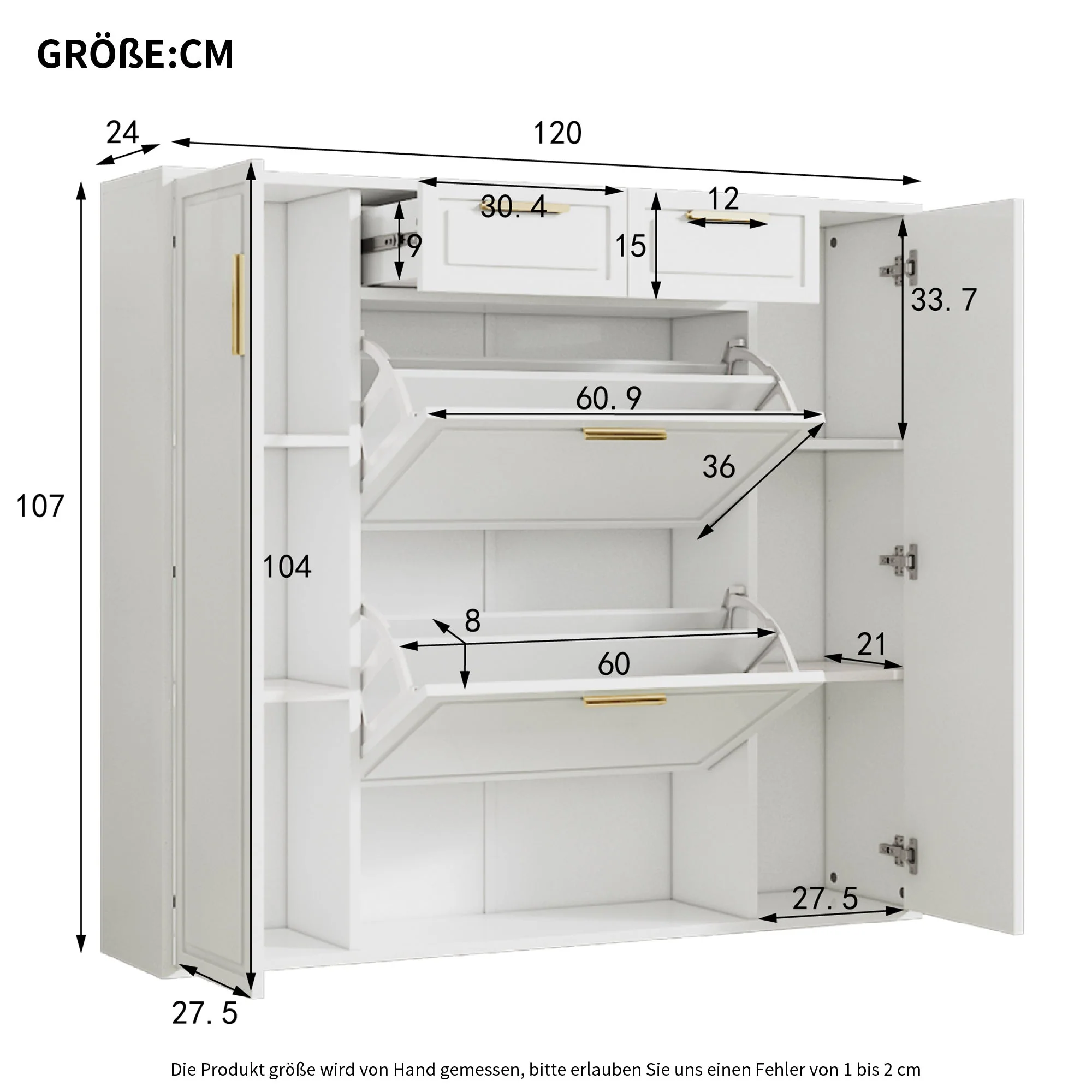Modern shoe cabinet with adjustable shelves, 2 drawers, folding and 2 doors, white - Image 12
