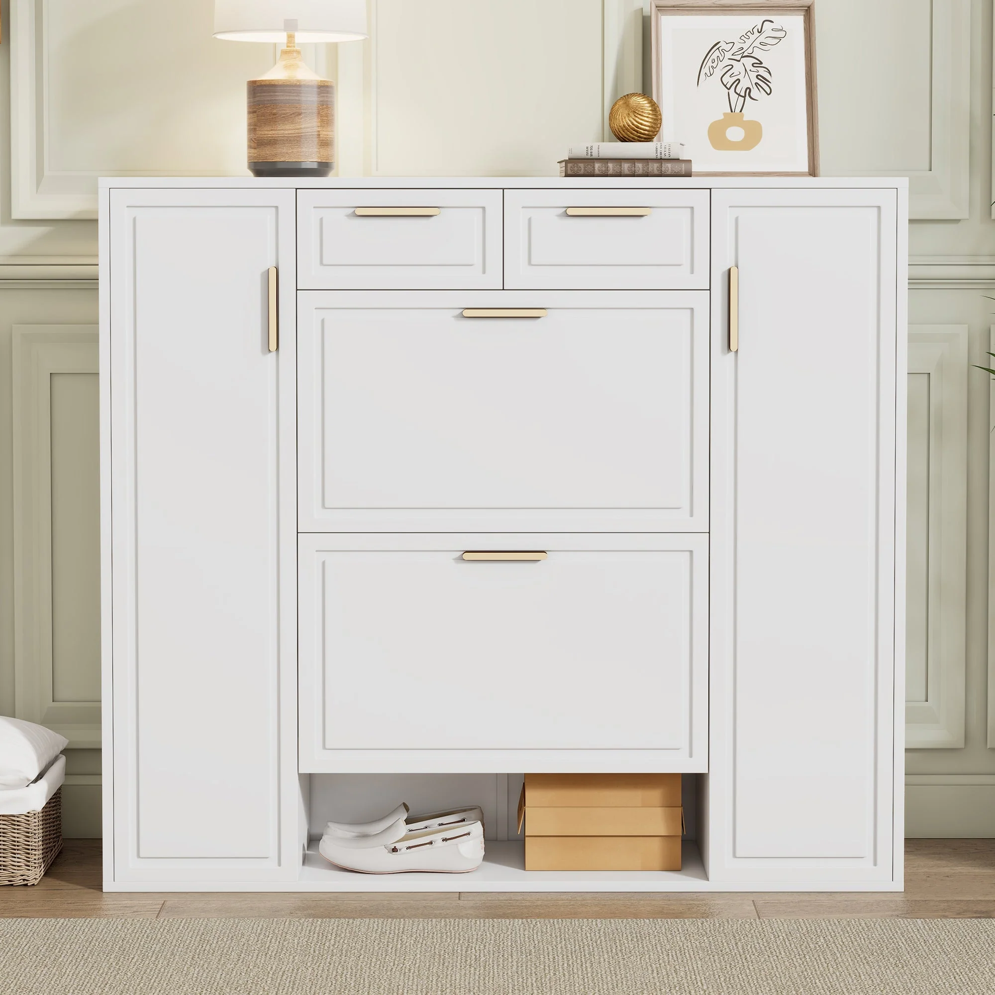 Modern shoe cabinet with adjustable shelves, 2 drawers, folding and 2 doors, white - Image 2