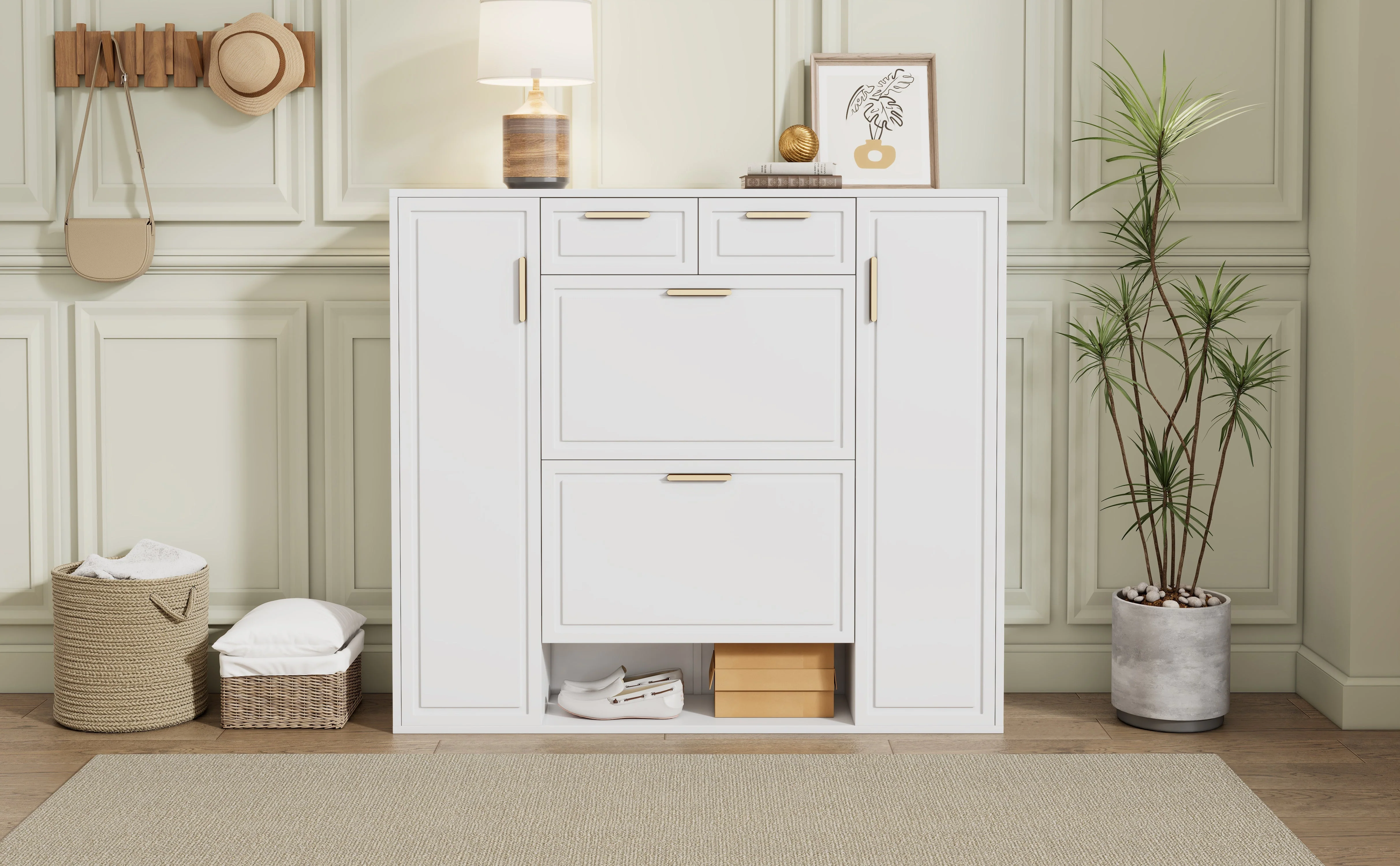 Modern shoe cabinet with adjustable shelves, 2 drawers, folding and 2 doors, white - Image 3