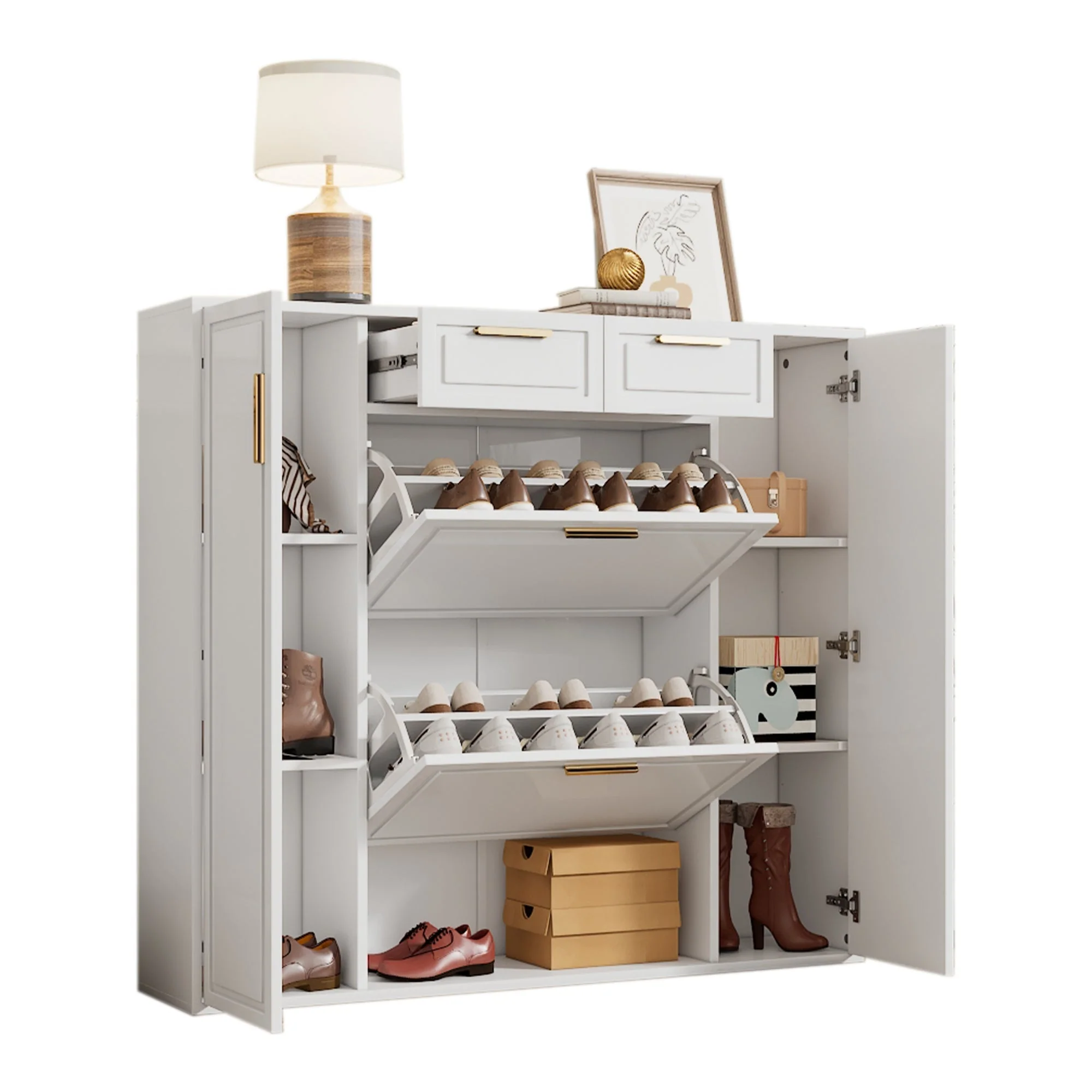 Modern shoe cabinet with adjustable shelves, 2 drawers, folding and 2 doors, white - Image 4
