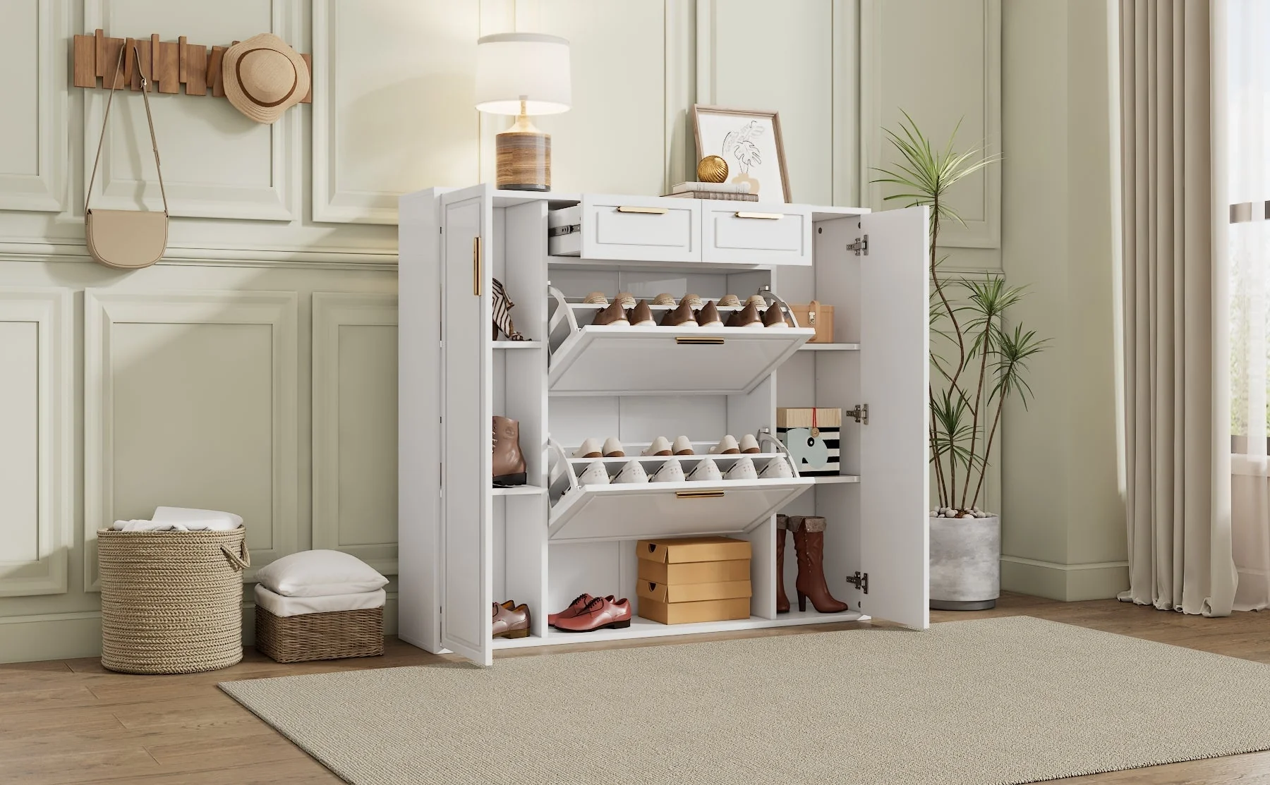 Modern shoe cabinet with adjustable shelves, 2 drawers, folding and 2 doors, white - Image 7