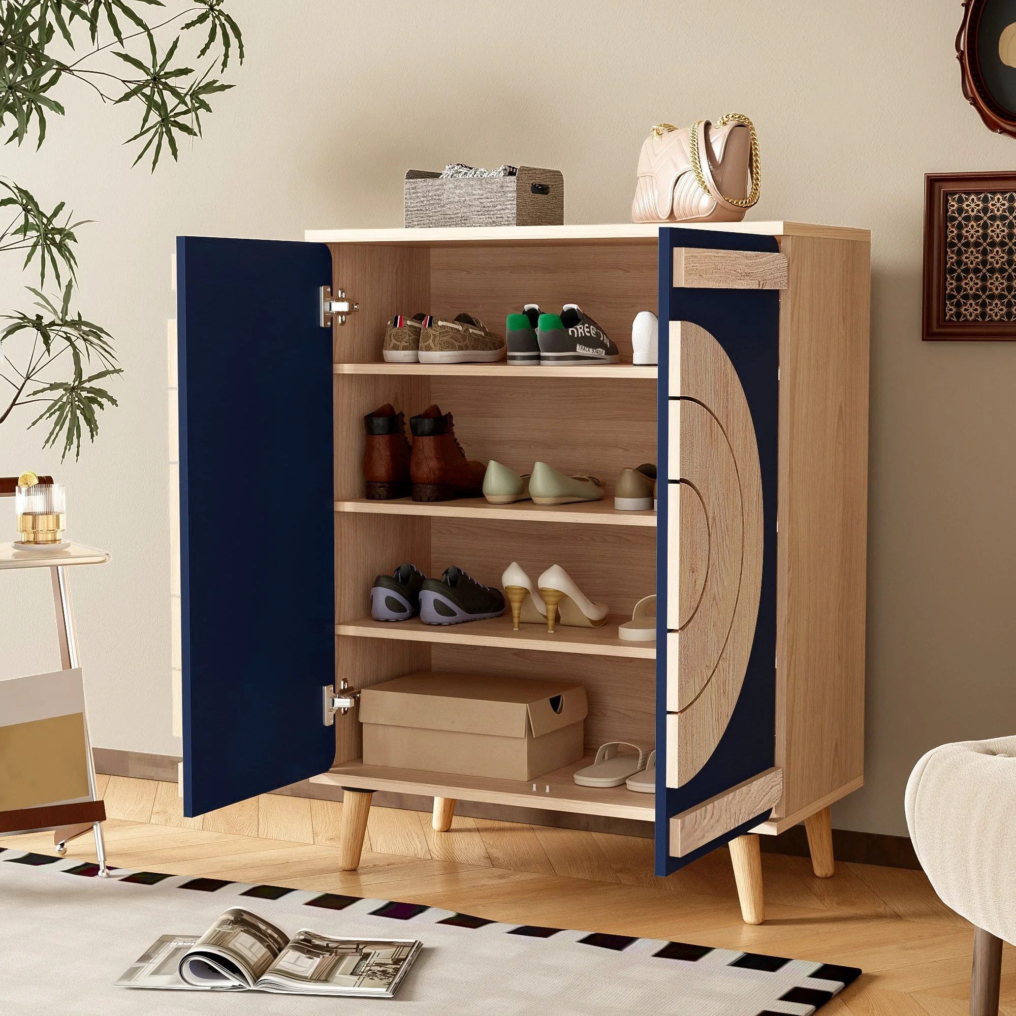 Modern Shoe Cabinet with Geometric Doors and Multi-Level Storage, Blue and Natural - Image 5