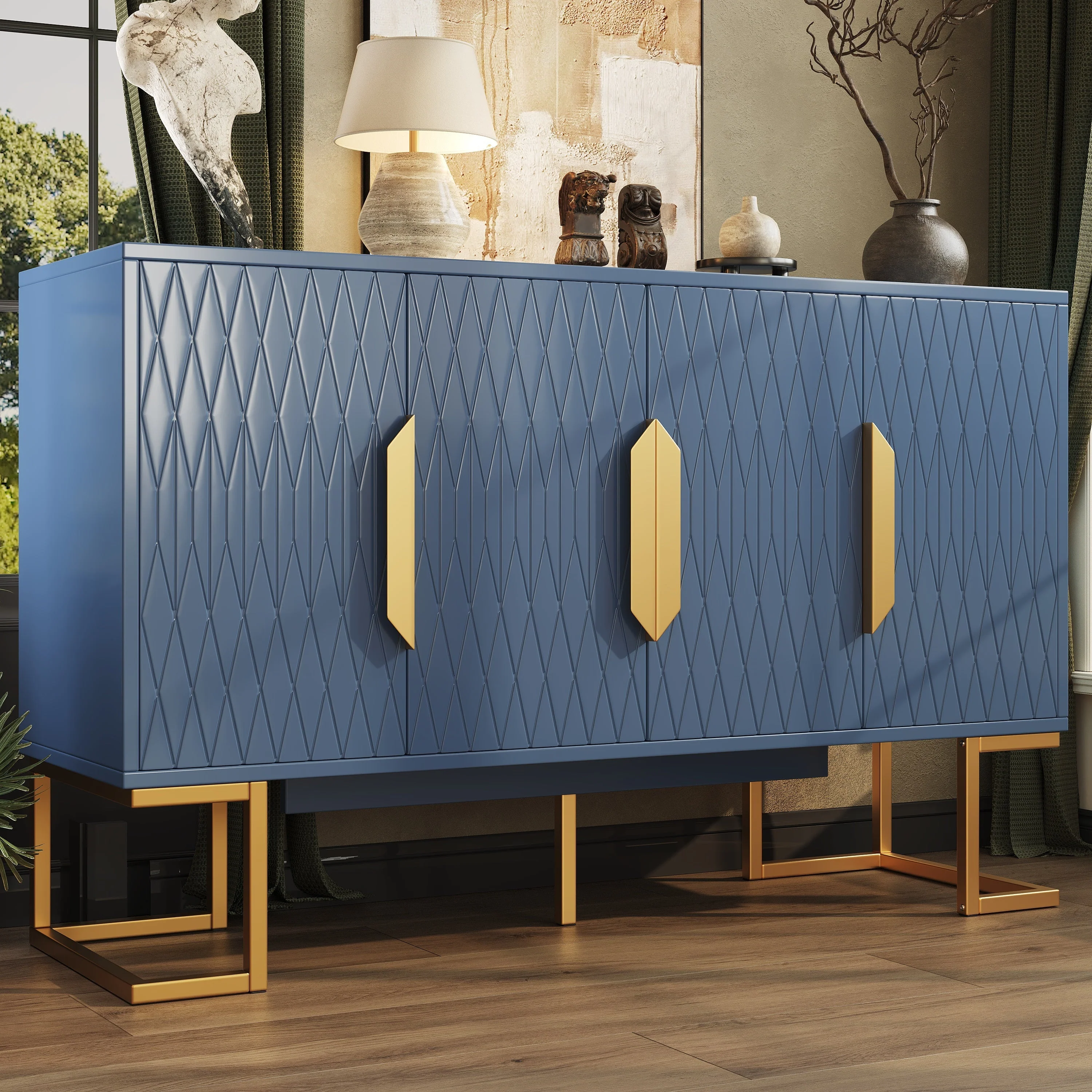 Modern Side Cabinet 140x80cm 4 Doors Adjustable Shelves - Blue/Black
